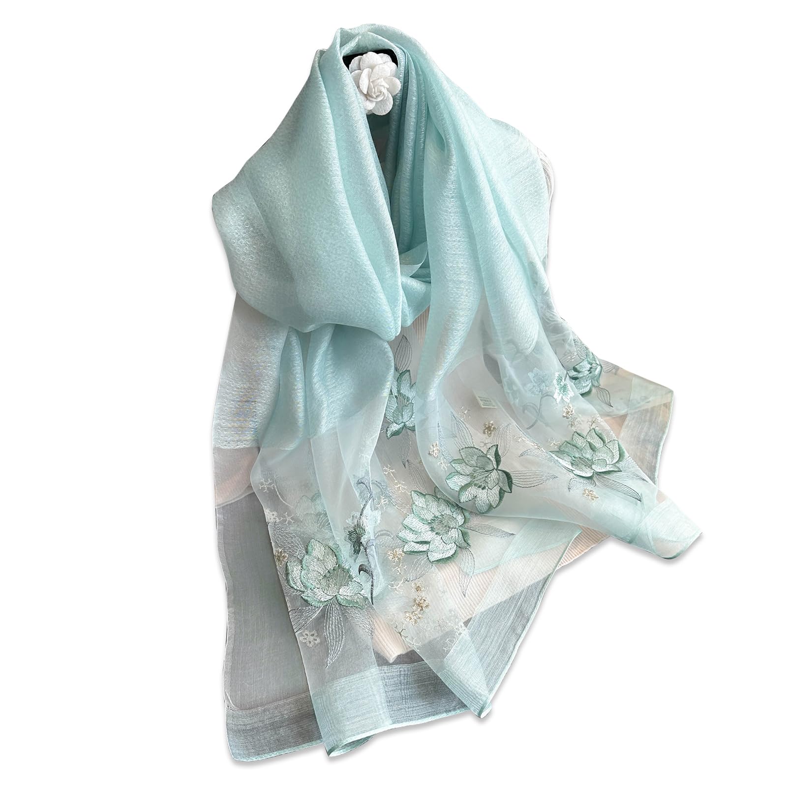 Lumisyne Women's Light Green Mulberry Silk Scarf Chiffon Scarf For Delicate Lotus Flower Embroidery Transparent Tulle Lightweight Soft Long Scarf Sunscreen Shawl Sheer Wrap Spring Autumn