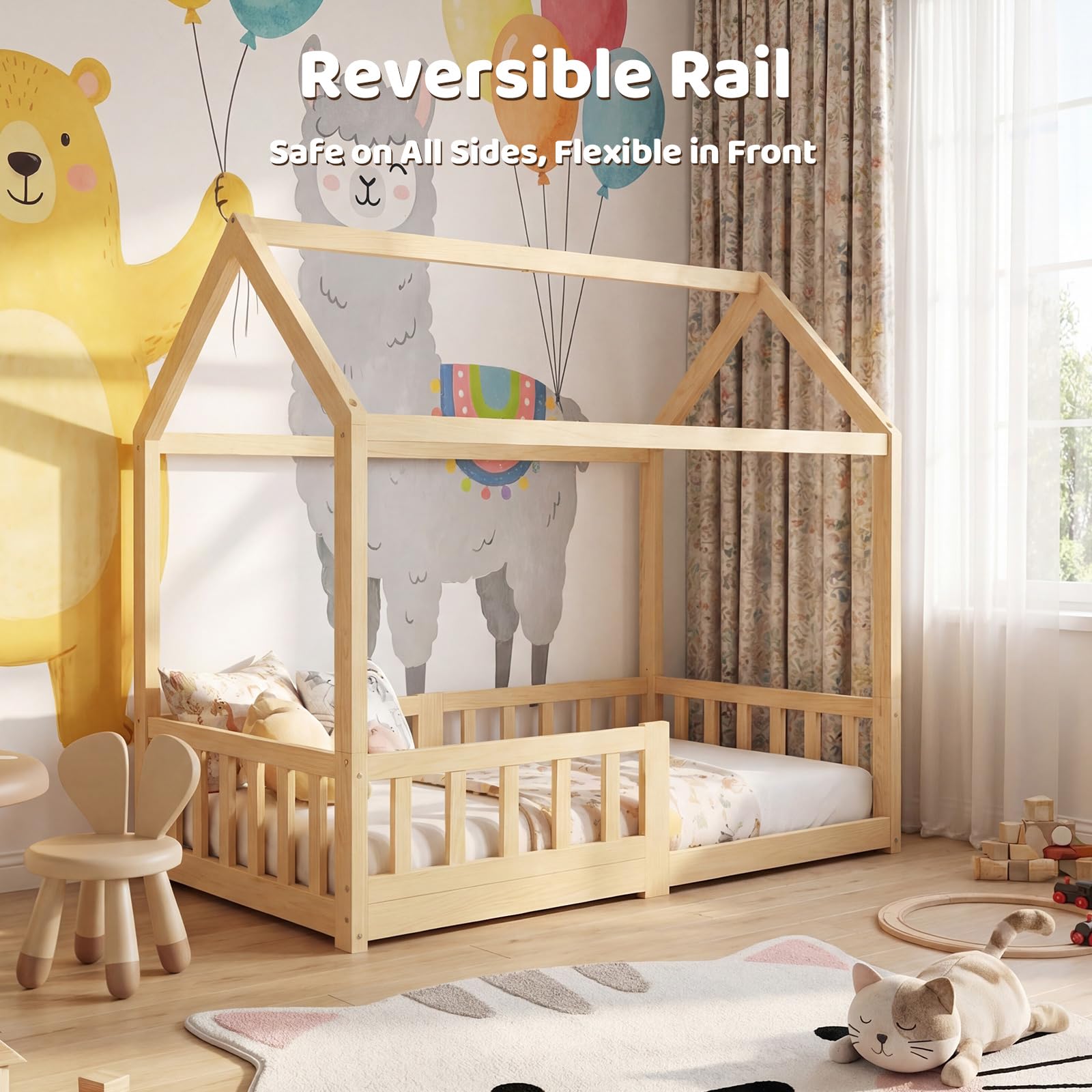 70x140cm Holz Kinder Hausbett mit Rausfallschutz und Lattenrost | Schön Montessori Bodenbett für Kleinkind, Kiefernholz Massiv Kinder Bett geeignet für Mädchen und Jungen