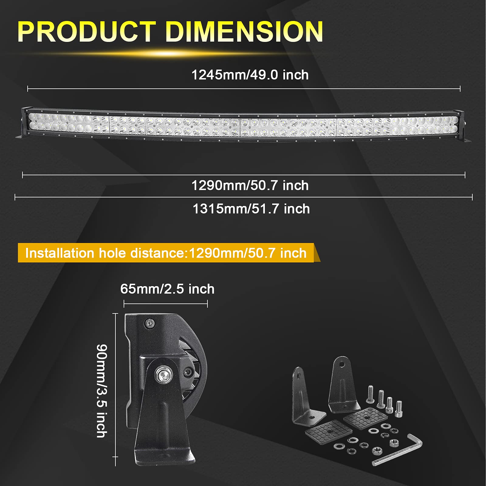 Willpower Reflektor roboczy LED, 127 cm, 288 W, wygięty reflektor LED, 12 V, 24 V, z wiązką kabli, reflektor, światło robocze, dodatkowy reflektor, samochód offroad, traktor, SUV, UTV, ATV