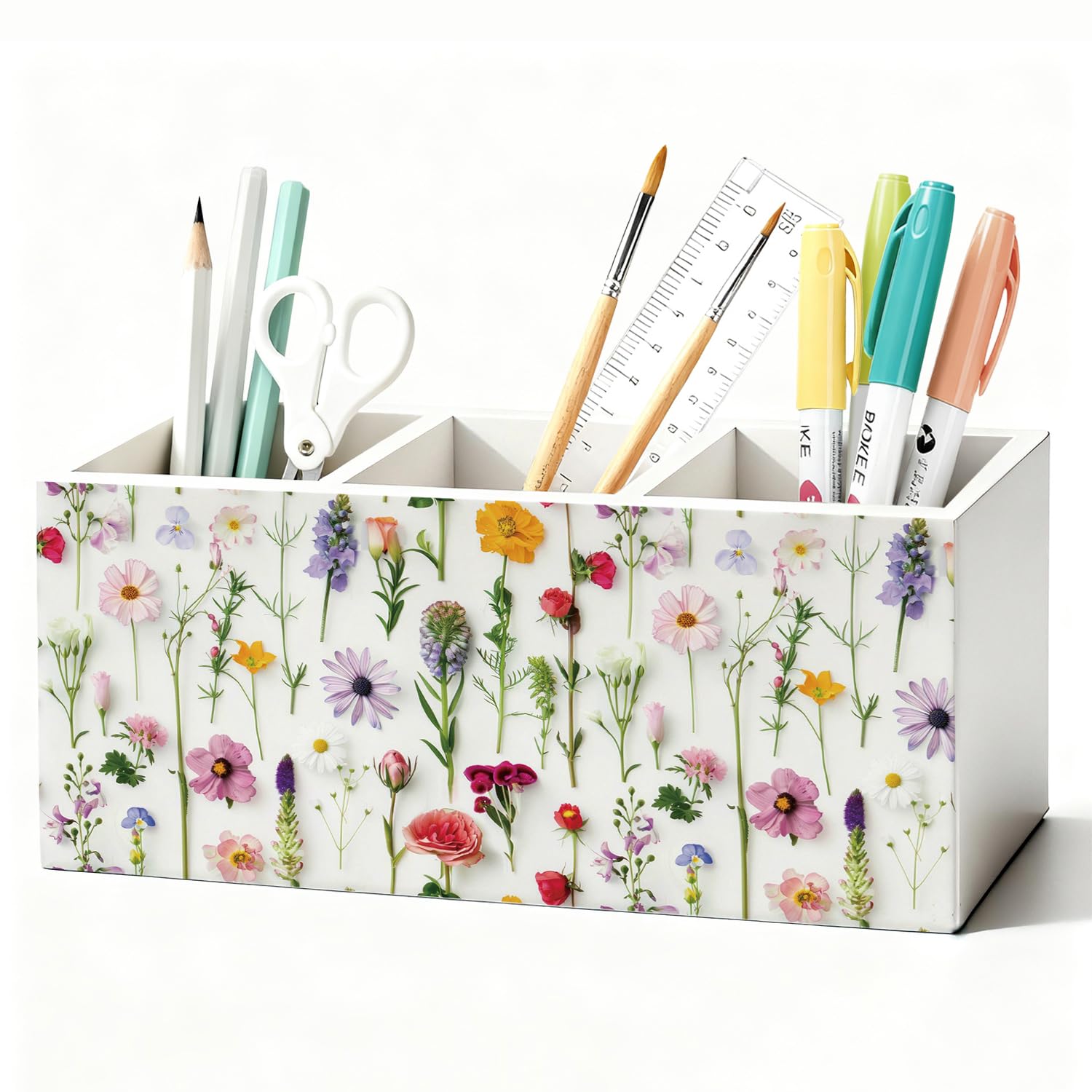 Cottagecore - Portapenne floreale per accessori da scrivania, in legno, con fiori di campo colorati, decorazioni per camera da letto, dormitorio, casa, ufficio, scrivania