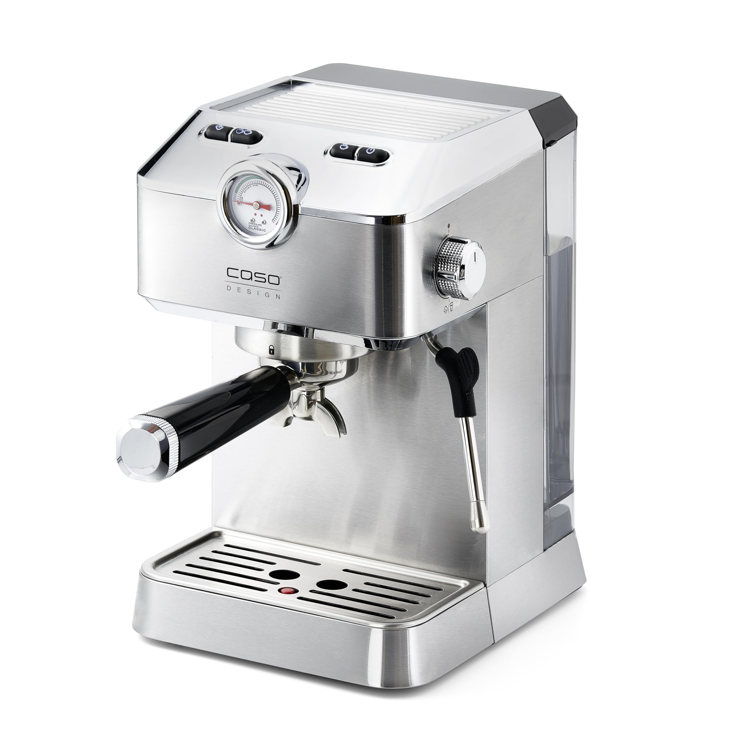 Caso Espresso Gourmet - Macchina portafiltro in acciaio inox, potente pompa Ulka da 19 bar, con montalatte, per caffè o cialde di caffè ESE, per 2 tazze, con piastra riscaldante