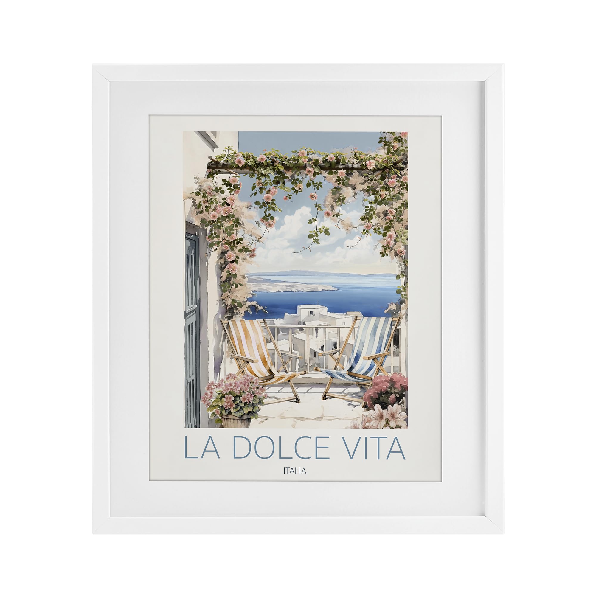 Stupell Industries 'Coastal Italian Balcony View', Framed Print Under Glass, White, 17 x 21 Inches, Easy to Hang and Sturdy, Made in USA, by CAD Designs