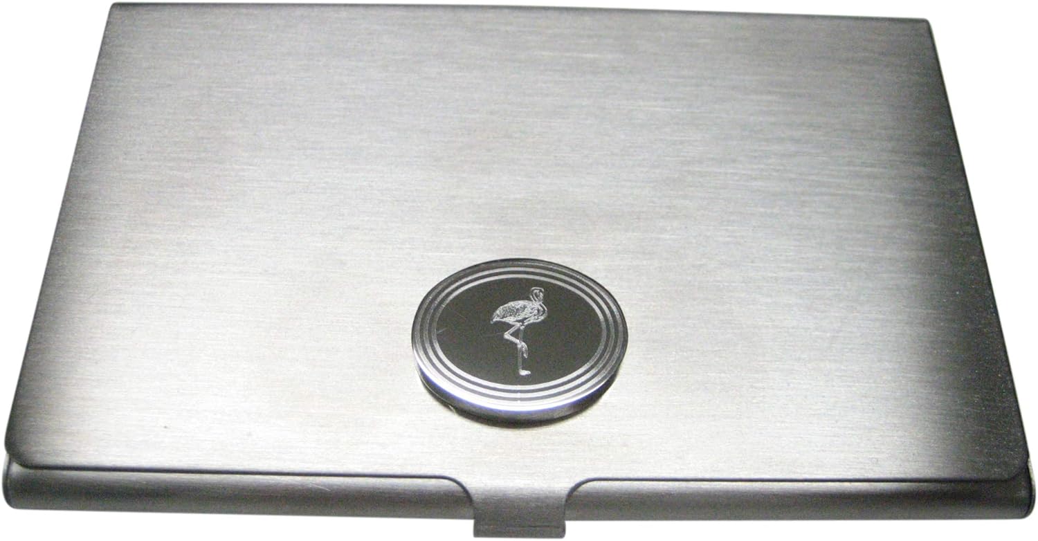 Kiola Designs Silver Toned Etched Oval Flamingo Bird Business Card Holder