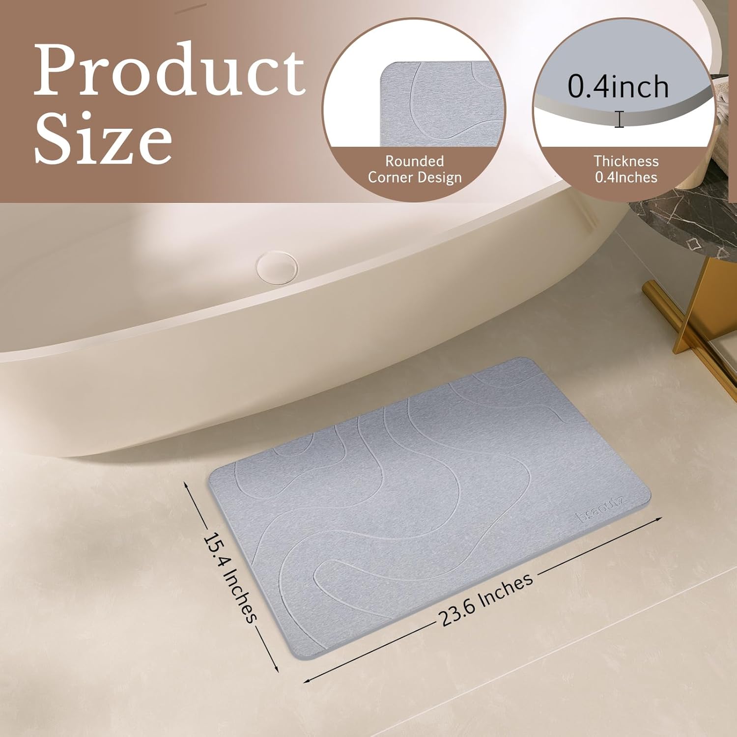 Stone Bath Mat, Natural Diatomaceous Earth Bathroom Rug, Super Absorbent, Quick Dry, Non-Slip Stone Mats for Bathroom, Kitchen, Entryway, Easy to Clean (Curve Light Grey 1 Pack)