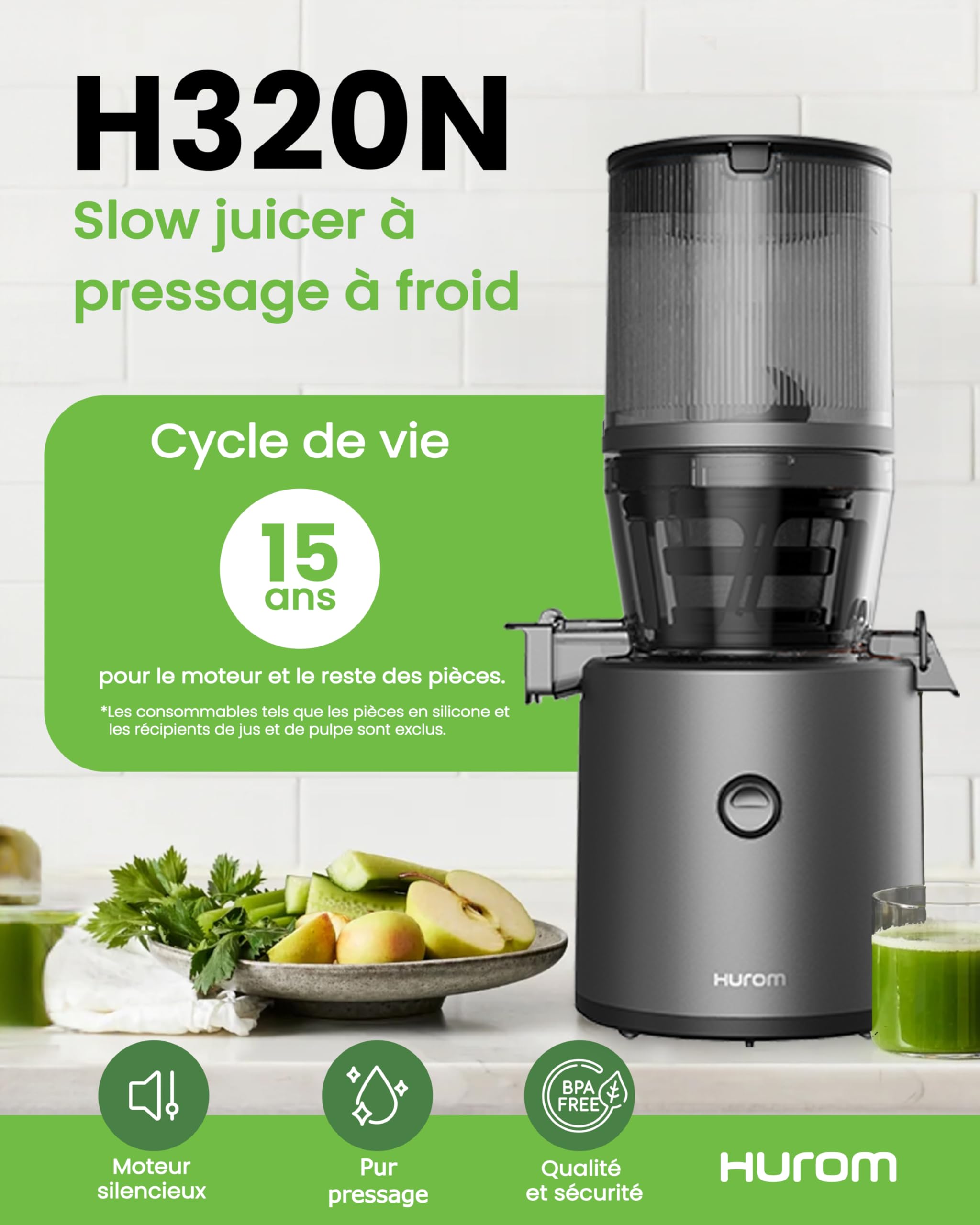 HUROM Extracteur de Jus H320N Presse à Froid 200W 2L Sans BPA Titan