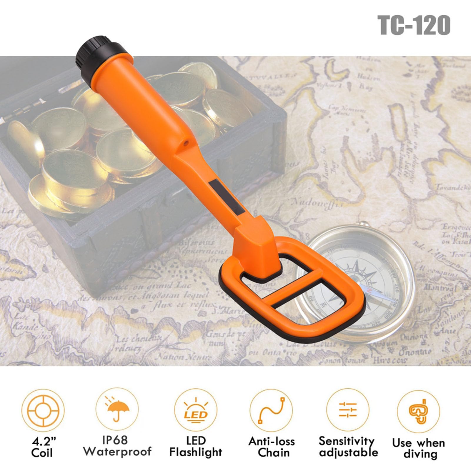 Détecteur de Métaux Coil Portable, Findeur de Pièces sous-Marines Portable 9.84ft IP68 Treasure Scanner Locator Finder Gold Light LED, pour Les Fonds Marins du Lac (Orange)