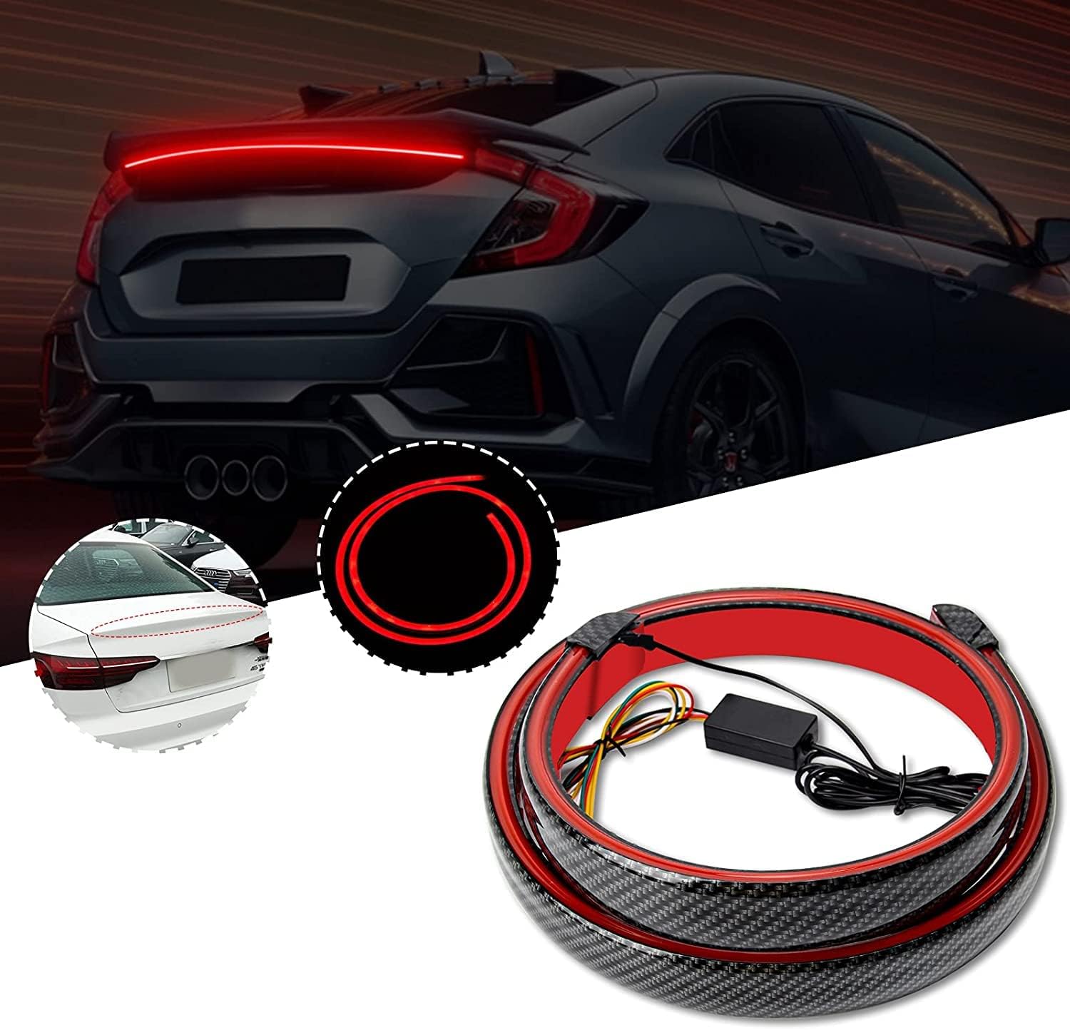 SORAX LED Car Tail Brake Light/Turn Signal Indicator/DRL Universal All Type Sedan Trunk Light Multicolor Changing (Carbon Fiber) Length 46"inch