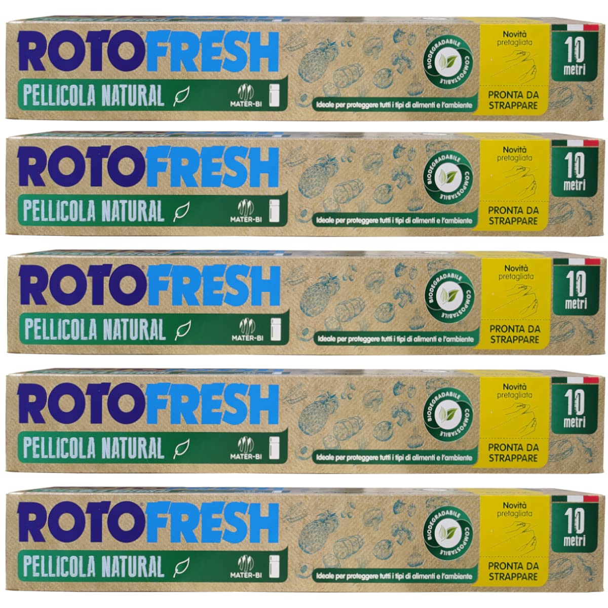 Pellicola Cucina Alimenti BIODEGRADABILE e Compostabile, 5x10 MT, 100% ITALIANA, Film Trasparente Alimentare Estensibile, Accessori Cucina Ecologici
