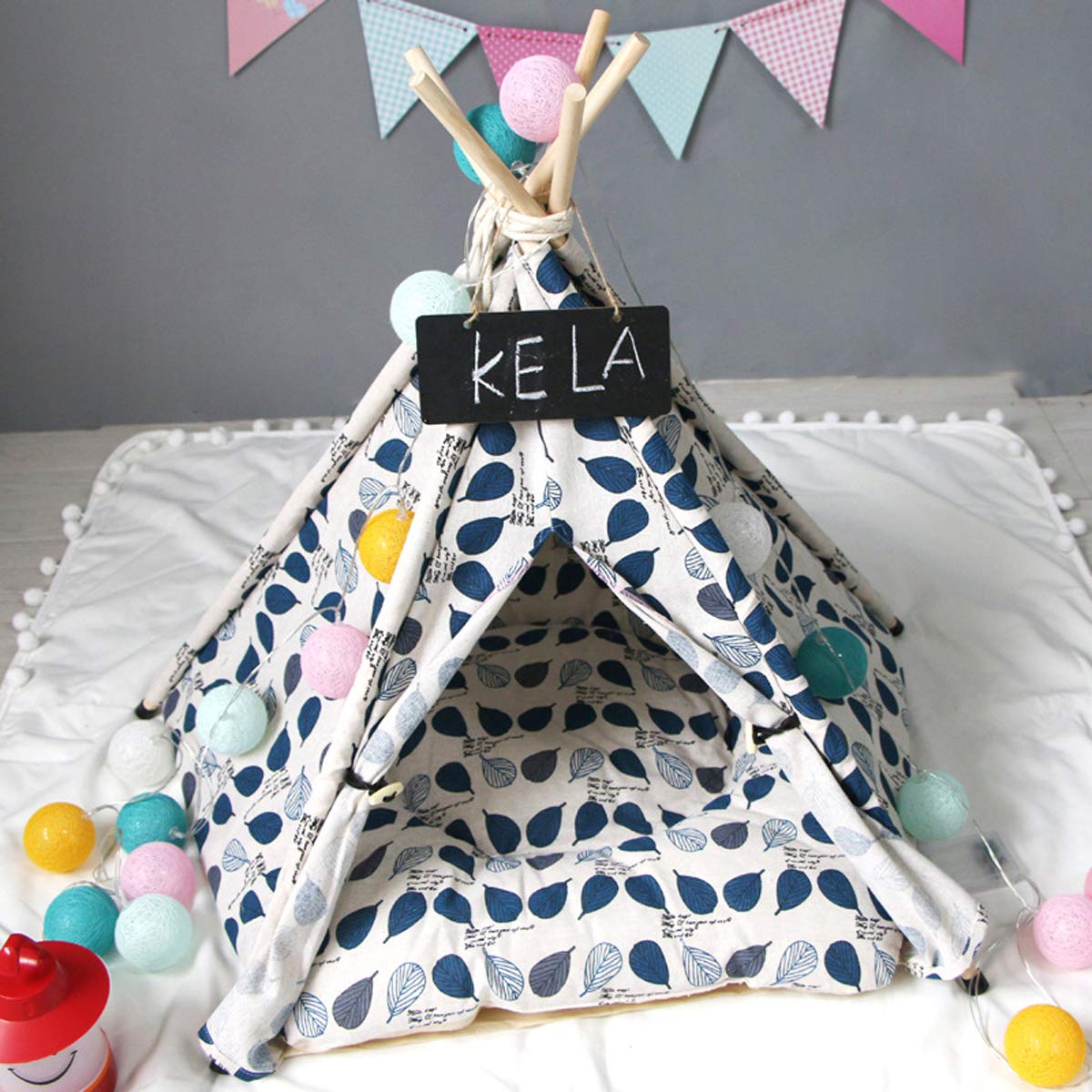 TentHome Tente Tipi avec Coussin pour Chiens Chiots Chats Animaux de Compagnie Niche pour Chien avec Matelas Amovible et Lavable, Feuille Bleue (70cm x 60cm x 60cm)