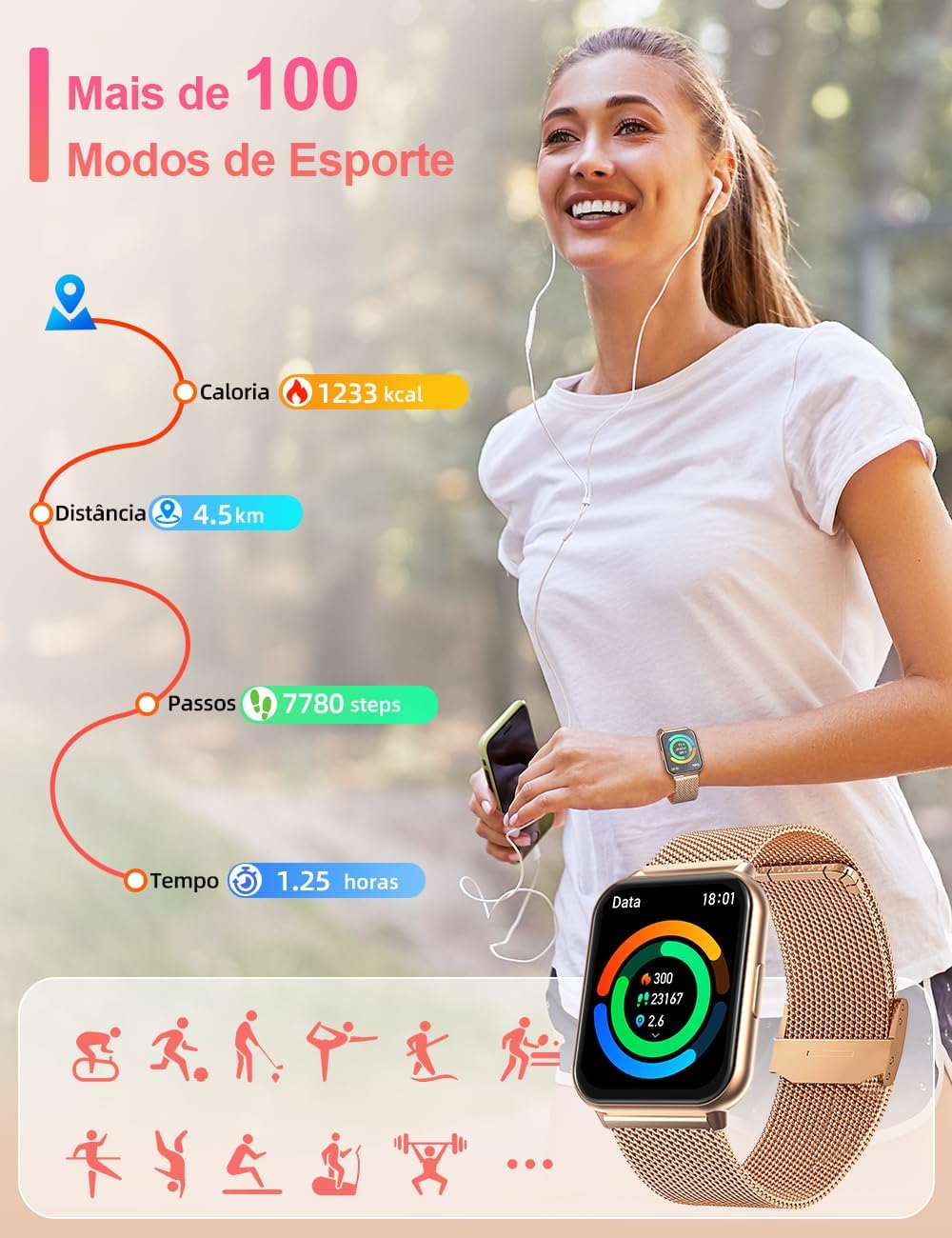 Hrich Smartwatch, Relógio Inteligente para Mulheres, com Notificações de Mensagens e Atendimento de Chamadas, Tela Sensível ao Toque 1,91'', Mais de 100 Modos Esportivos, para Android/iOS Hrich Smartwatch, Relógio Inteligente para Mulheres, com Notificações de Mensagens e Atendimento de Chamadas, Tela Sensível ao Toque 1,91'', Mais de 100 Modos Esportivos, para Android/iOS