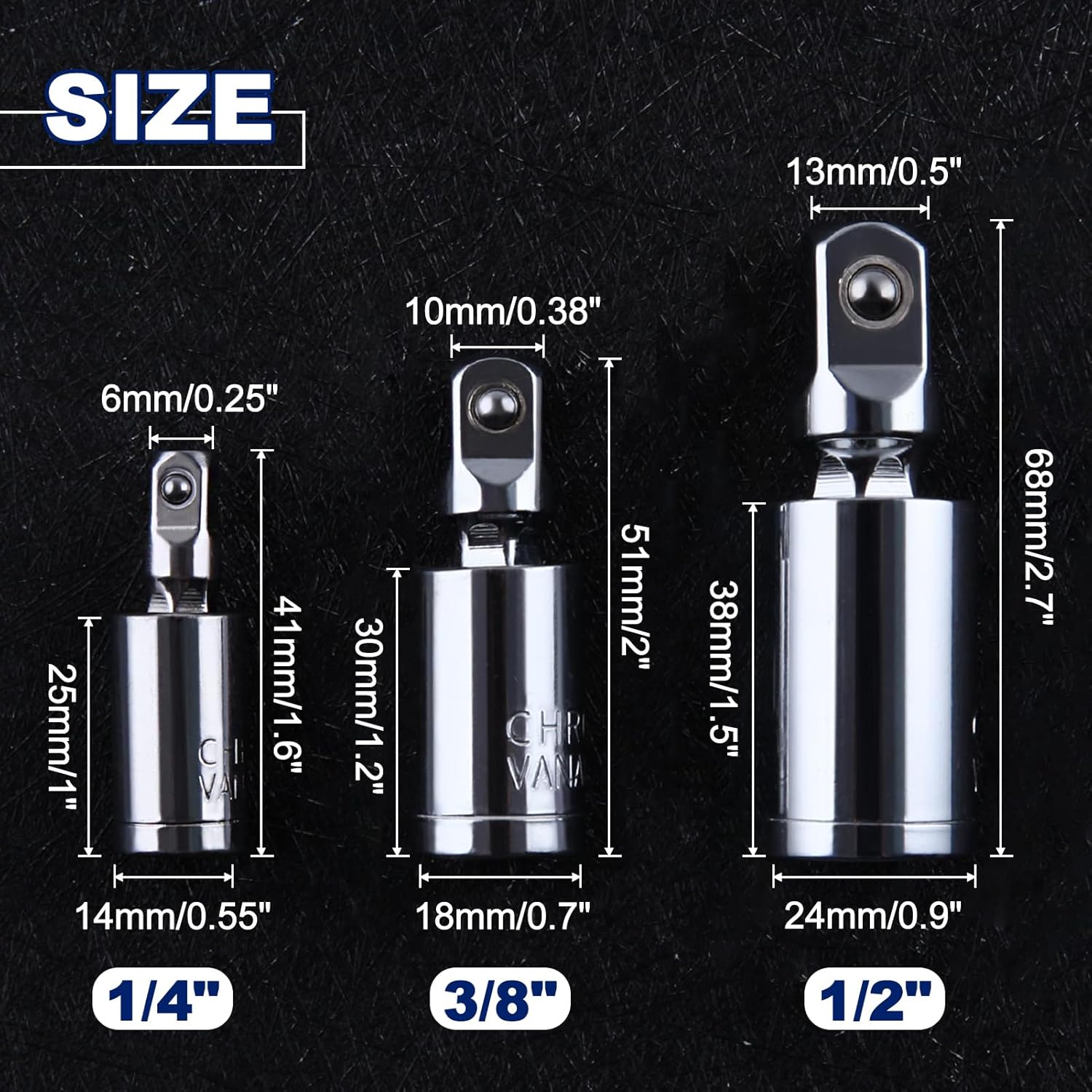 3Pcs Universal Joint Socket Set 1/4" 3/8" 1/2" Drive Swivel Socket Set Impact Universal Joint Socket Adapter Set 360 Degree Rotation 1/4 3/8 1/2 Impact Socket Set Socket Extension Set