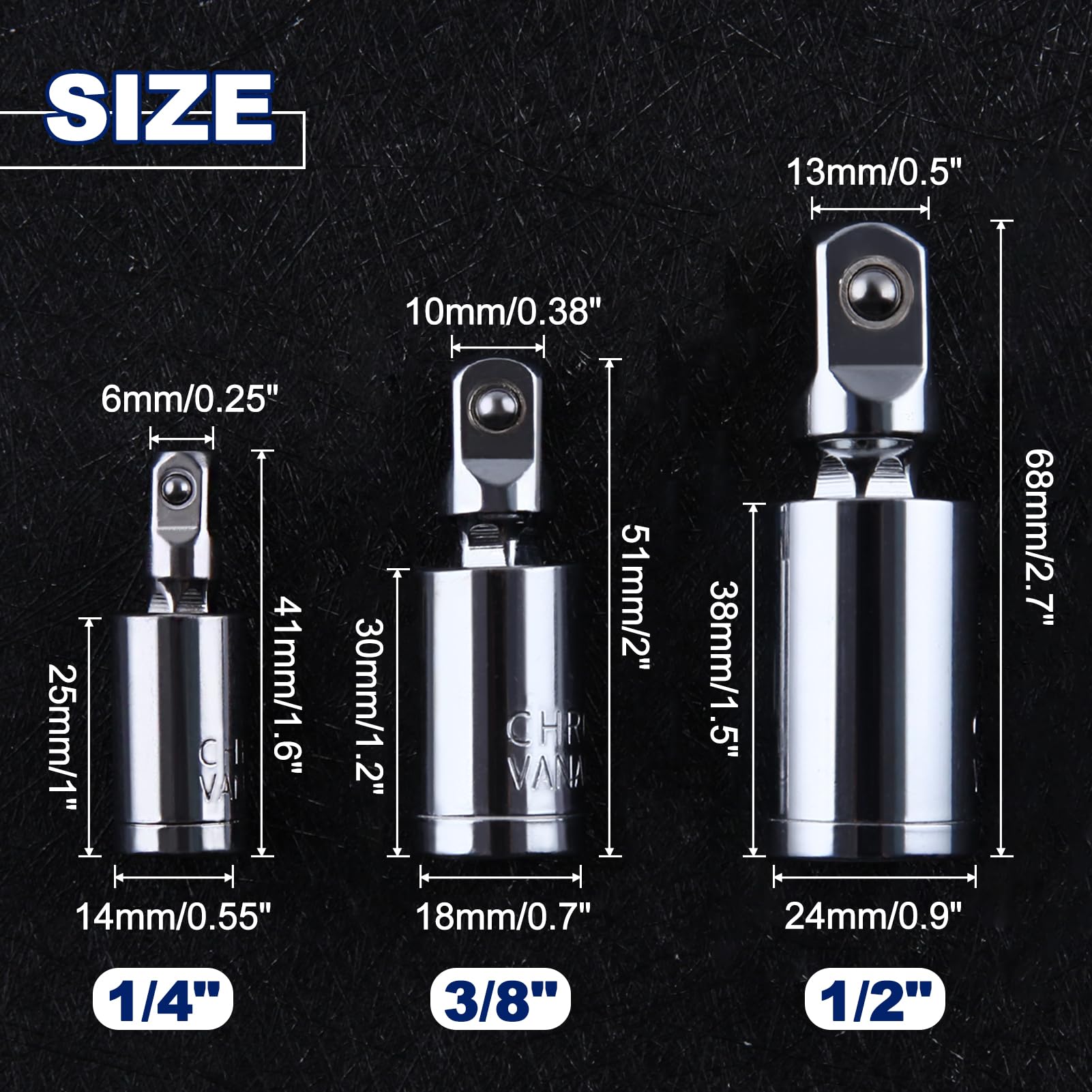 LEONTOOL 3Pcs Universal Joint Socket Set 1/4" 3/8" 1/2" Drive Swivel Socket Set Impact Universal Joint Socket Adapter Set - Image 4