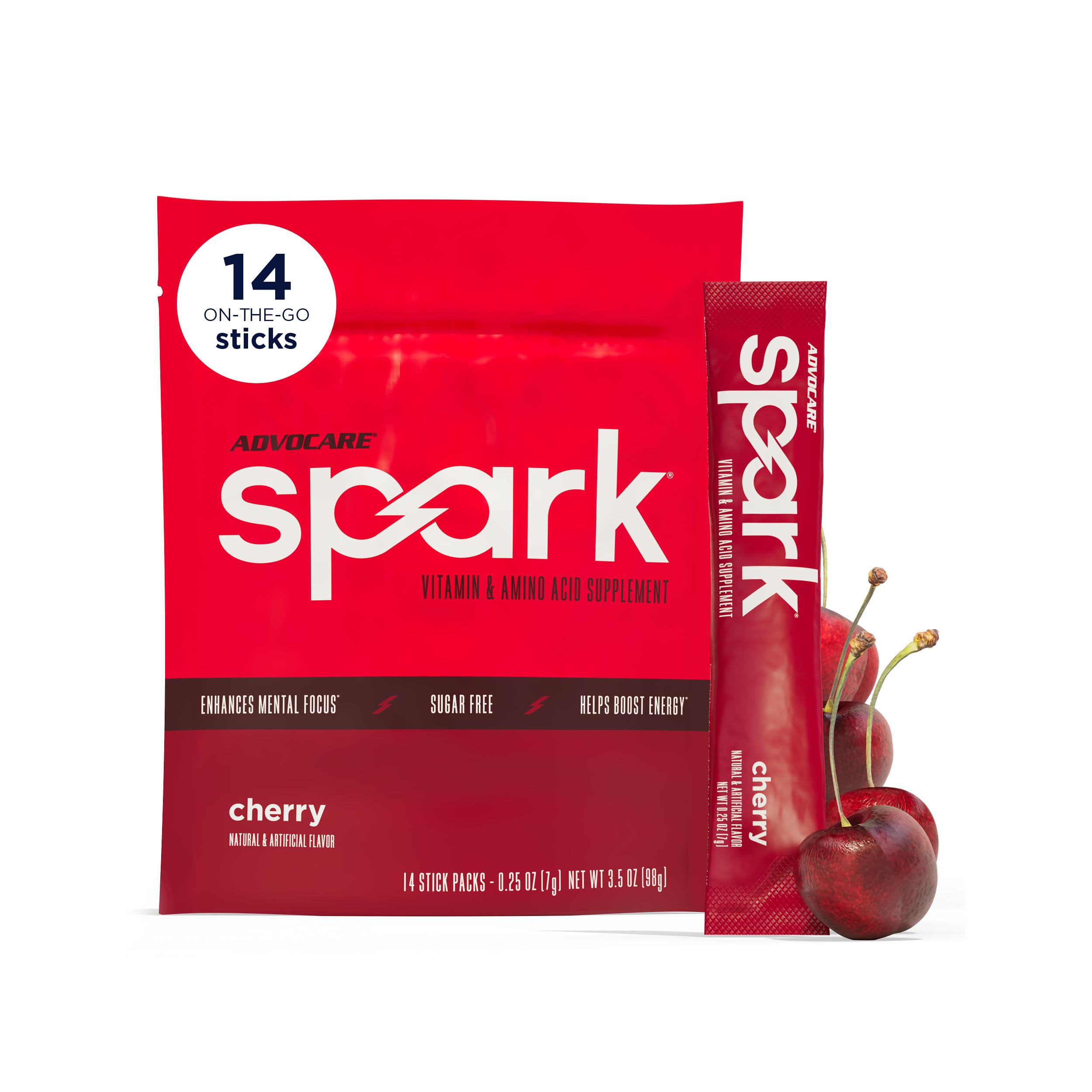 AdvoCare Spark - Energy Drink Mix - Vitamin & Amino Acid Supplement - Supports Energy & Focus* - Portable Immune Support* - Sugar-Free - Cherry, 14 Stick Packs (3.5 oz)