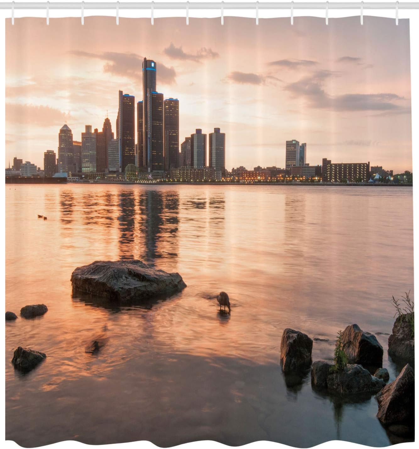 Ambesonne Detroit Shower Curtain, Idyllic Sunset View with High Rise Buildings Riverfront Rocks Calm Peaceful, Cloth Fabric Bathroom Decor Set with Hooks, 69" W x 84" L, Coral Dark Brown