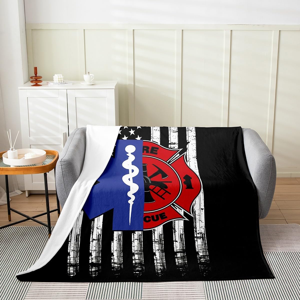 Firefighter EMT Badge Fleece Blanket,Practitioner Fireman Themed Throw Blanket for Office Sofa Couch,Stars Stripes American Flag Fuzzy Soft Warm Blanket Bedroom Dorm Decor, Throw(50 x 60 Inches)