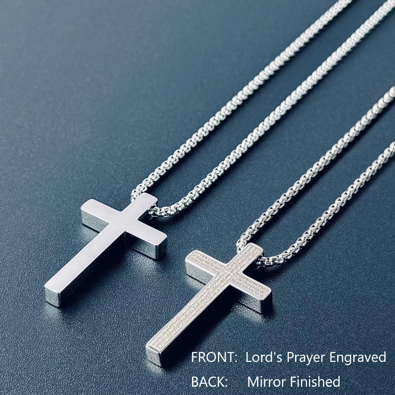 Stainless Steel Lord's Prayer Cross Necklace for Men & Women Engraved Pendant with Polish & Matte Dual Finish, 24" Box Chain
