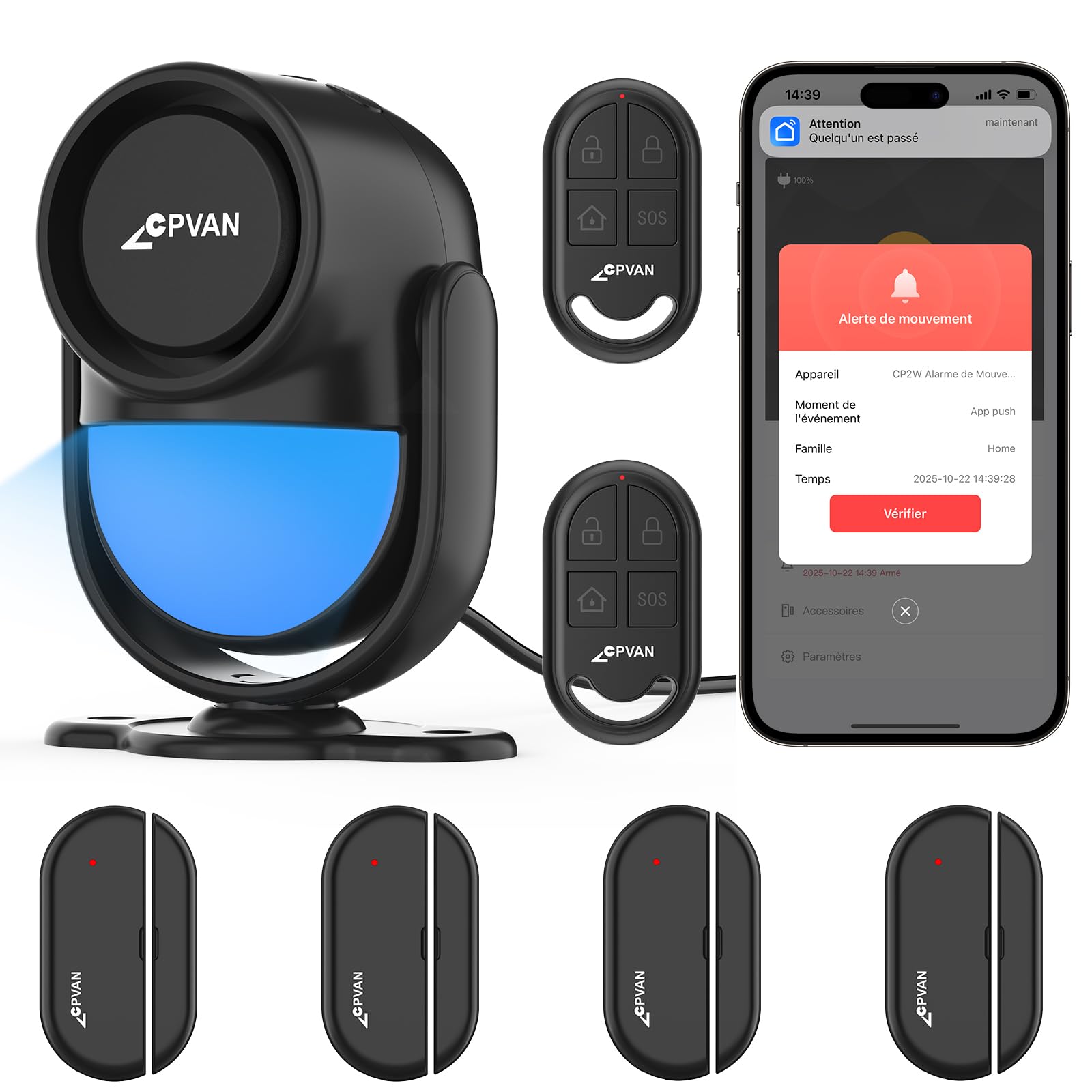 CPVAN Alarme Maison sans Fil, 2.4GHz WiFi PIR Détecteur de Mouvement avec Alertes APP, PIR Alarme Hôte + 2 Télécommandes + 4 Capteurs de Porte/Fenêtre,Noir