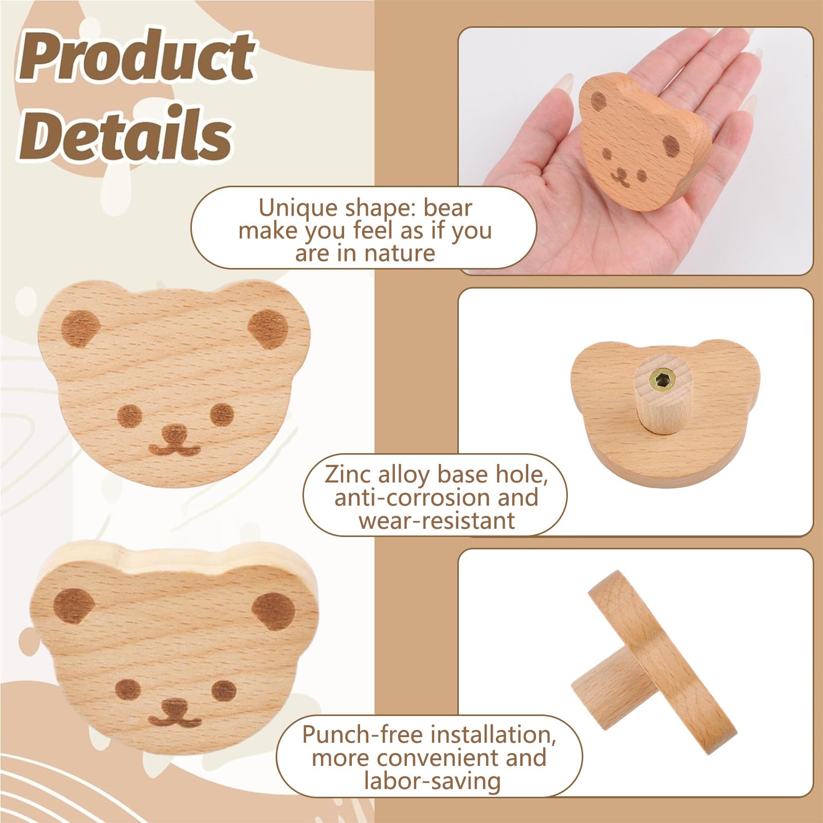 MOROBOR 4 piezas de pomos de madera en forma de oso con un solo orificio, asas de madera de haya para armario de madera, pomos de madera para cajones de cómoda con tornillos y tubo de expansión