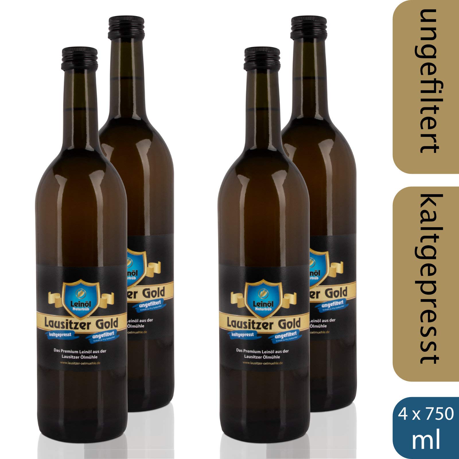 4 x Lausitzer Leinöl - Lausitzer Gold (kaltgepresstes ungefiltertes Premium Leinöl), 4x 750ml