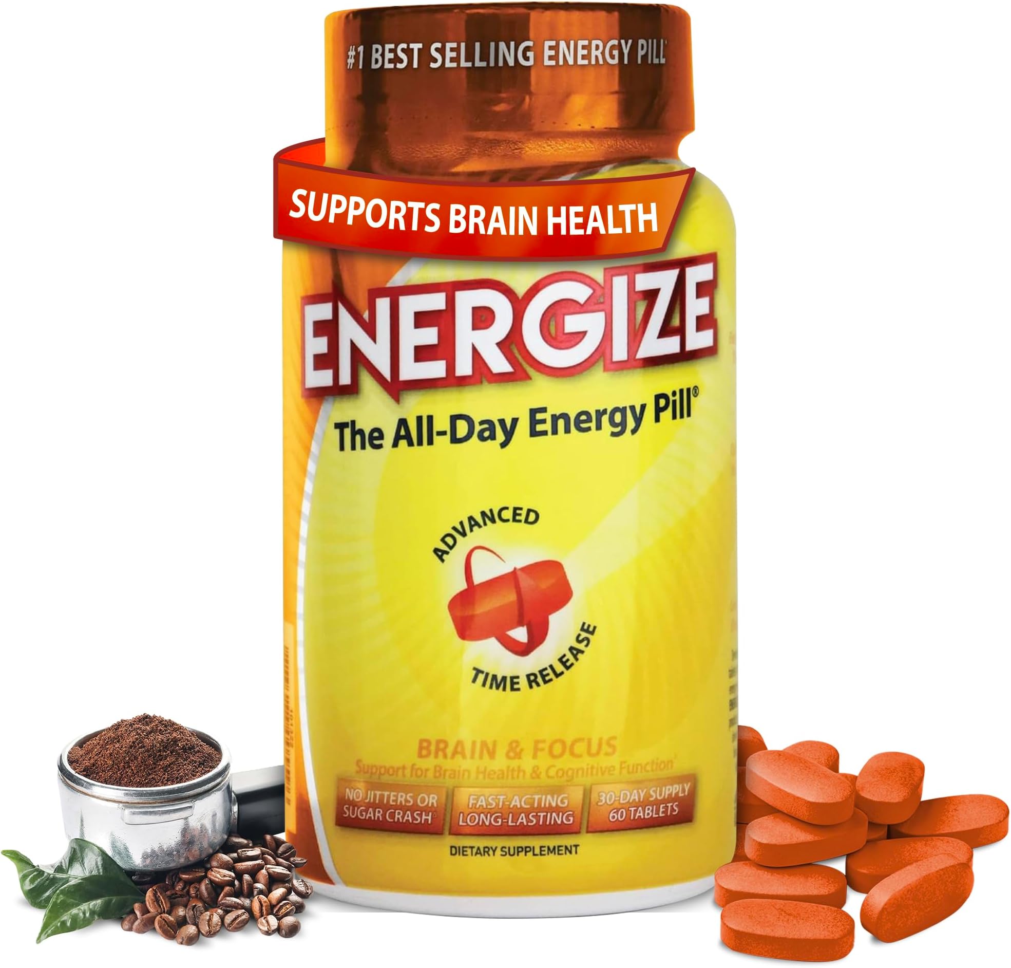 Energize Brain & Focus Caffeine Pills - Fast Acting All Day Energy Pills, Brain Booster, Energy and Focus Supplement, Time Release Caffeine Means No Jitters, No Crash (60 Tablets)