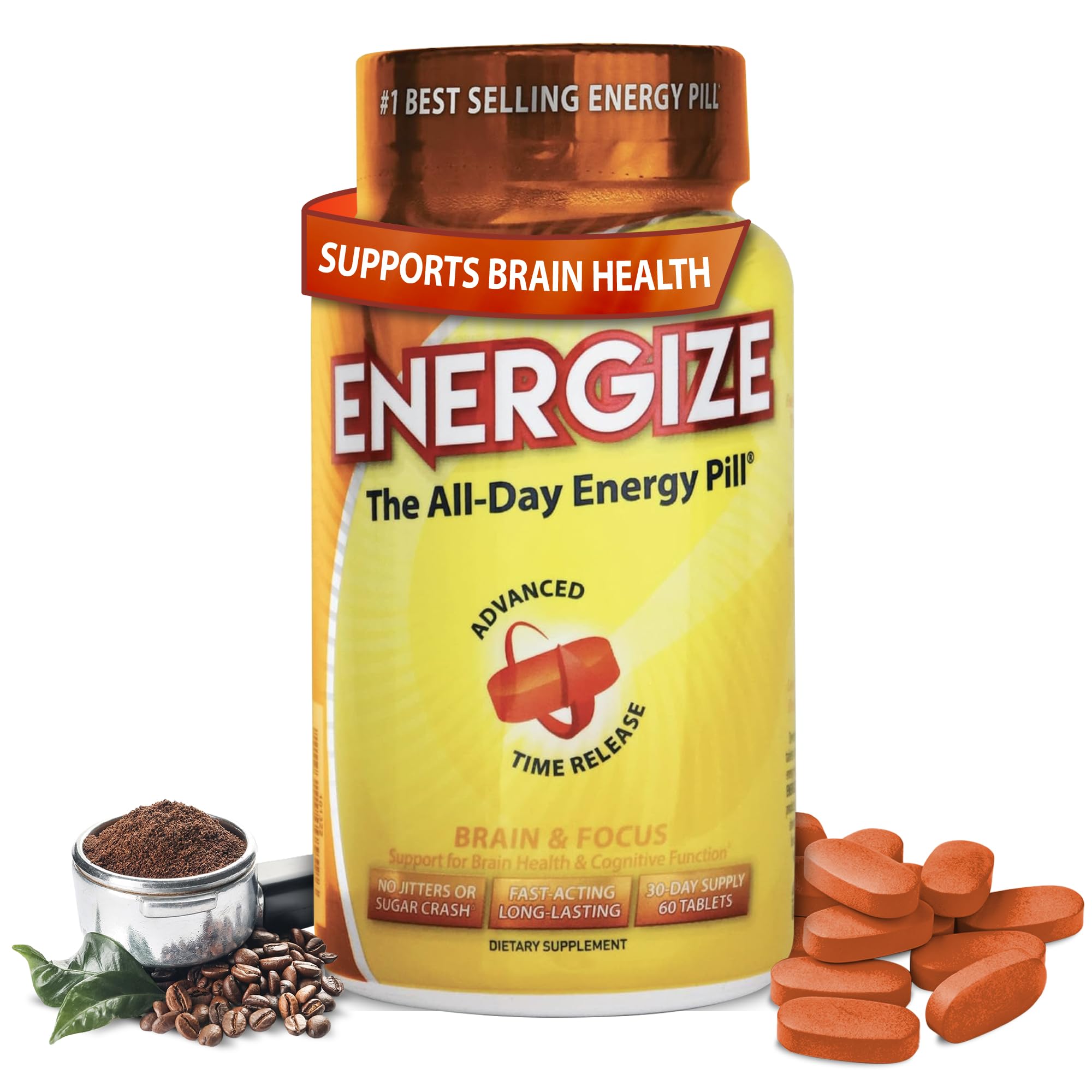 iSatori Energize Brain & Focus Caffeine Pills - Fast Acting All Day Energy Pills, Brain Booster, Energy and Focus Supplement, Time Release Caffeine Means No Jitters, No Crash (60 Tablets)