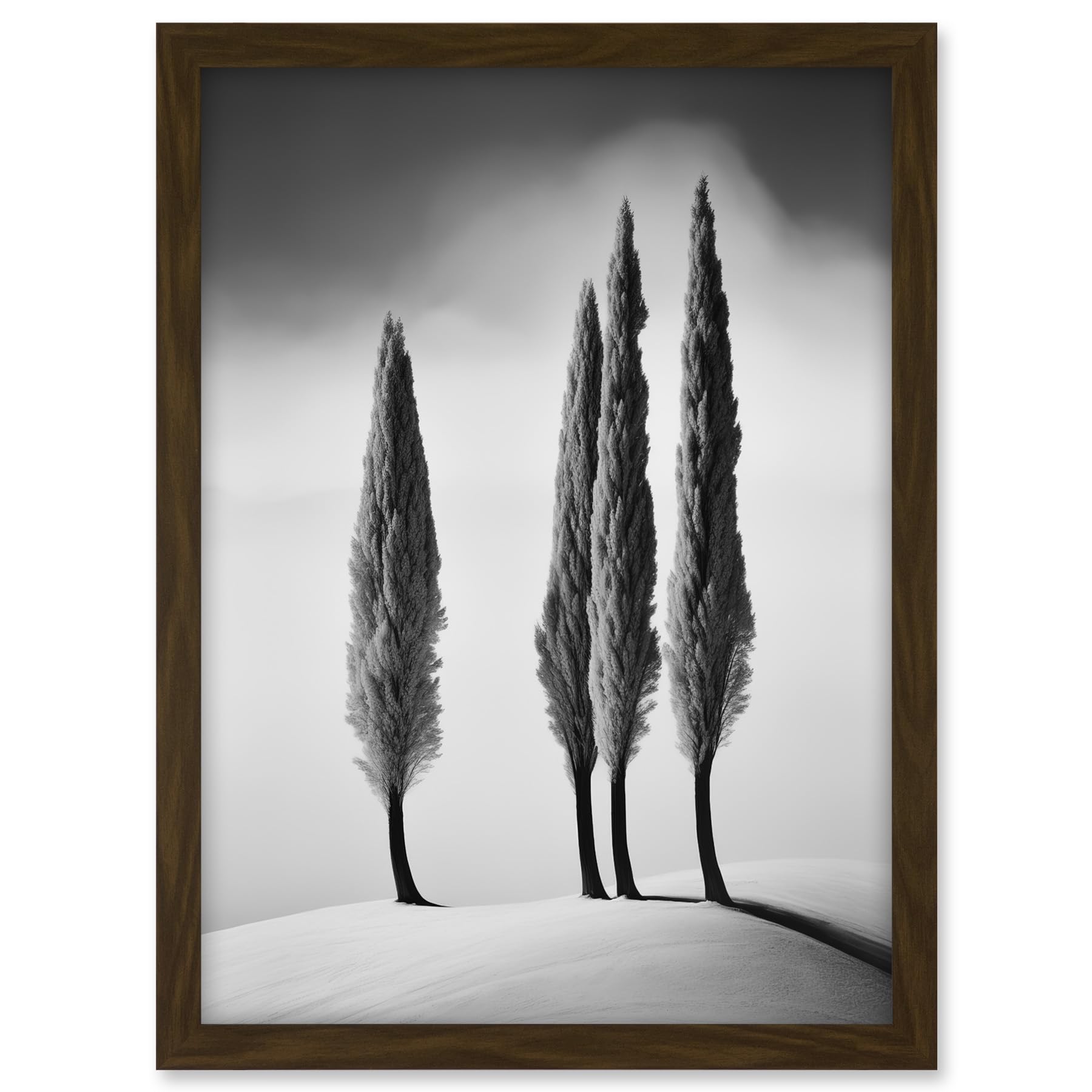 Artery8 Group of Cypress Trees on Snowy Hill Minimalist Black and White Photograph Cypresses in Foggy Winter Landscape Artwork Framed A3 Wall Art Print