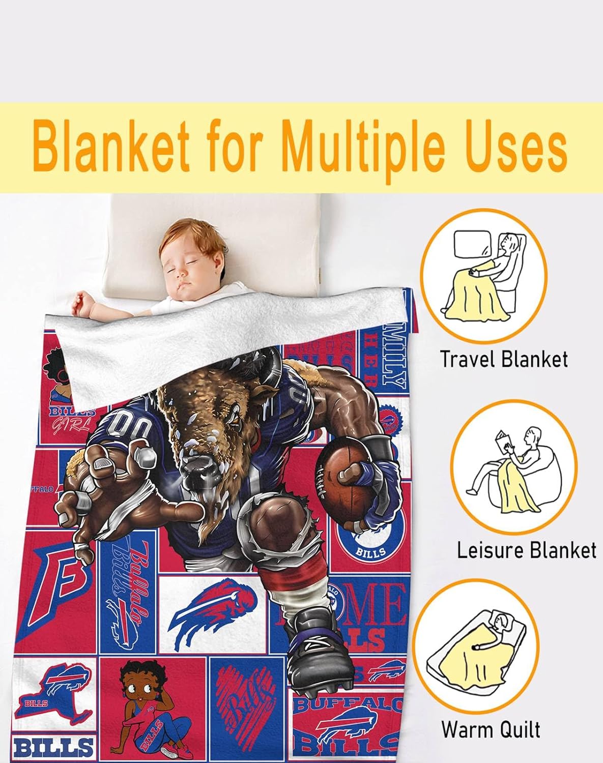 Original American Football Series: Buffalo Throw Blanket (L60 xW50) Bold 3D Effect Use Throw for Outdoor, Travel, Vacation, Nap, and Relaxation or Game Day for Fans - Image 5