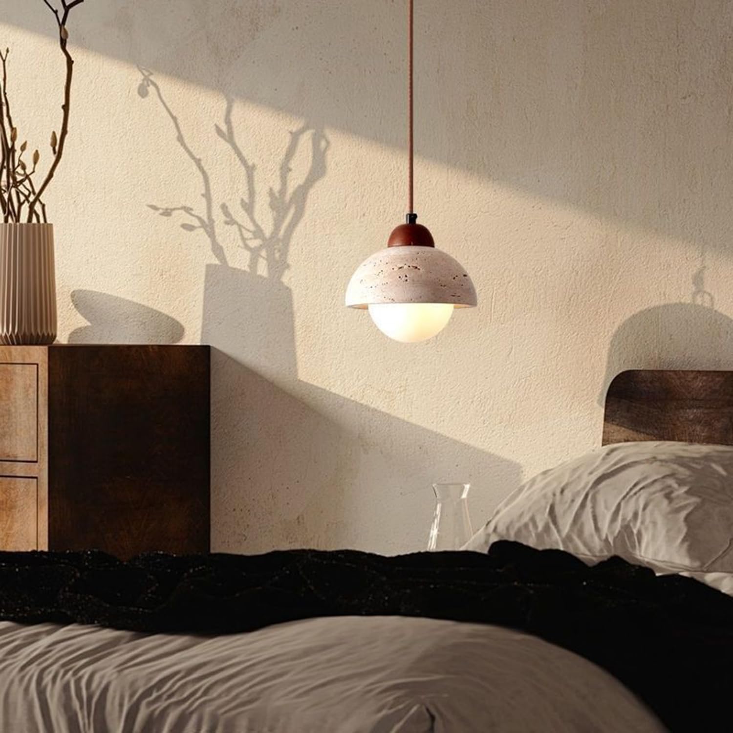 Lampada a sospensione in travertino giallo a da 5,9 pollici a semicircolare in pietra porosa in legno stile artistico scandinavo for sopra il lavello Camera letto Ristorante Negozio