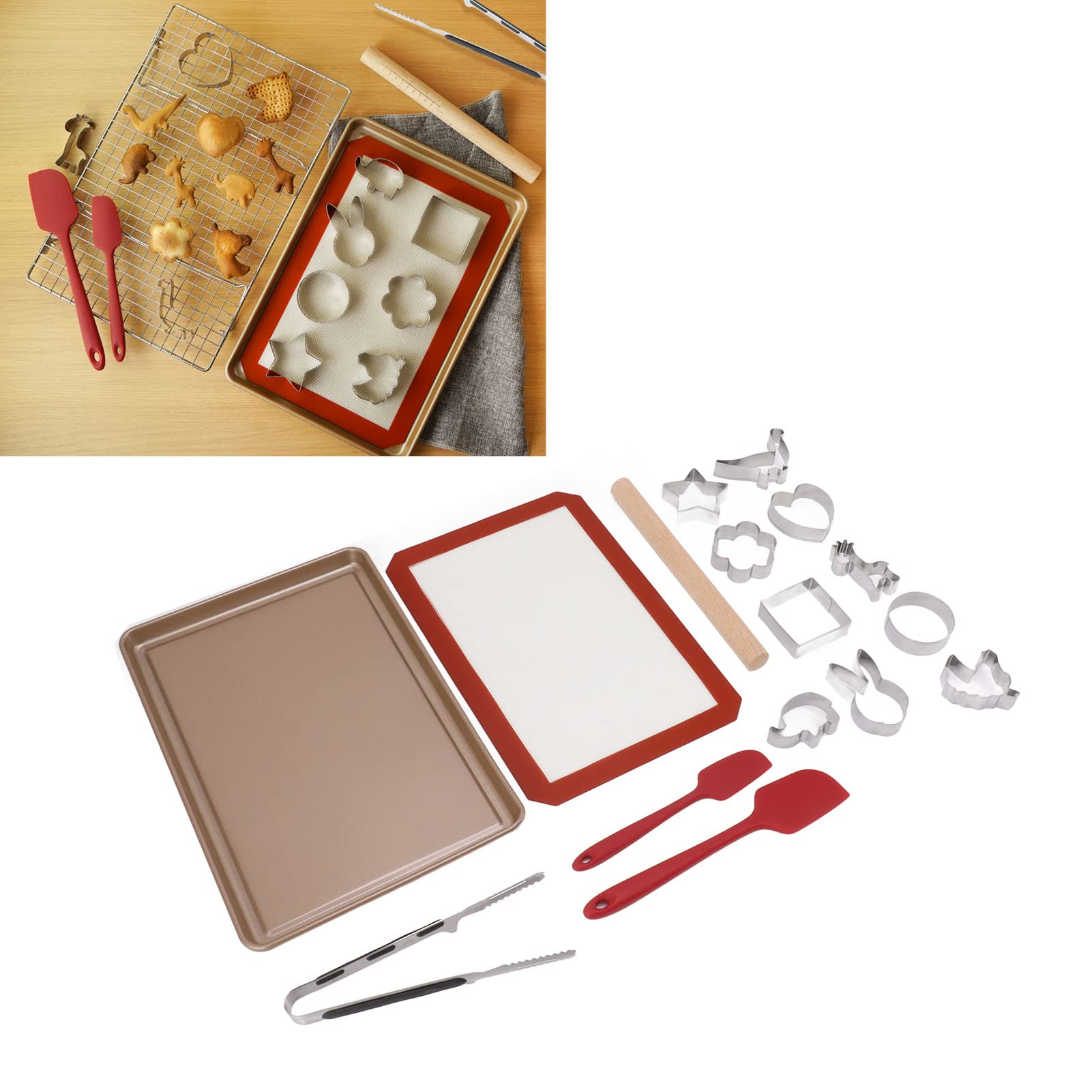Juego de Cortadores de Galletas, Suministros para Hornear de Acero Al Carbono con Bandeja para Hornear, Rodillo, Espátula, Abrazadera para Juego de Material para Fiesta de Galletas