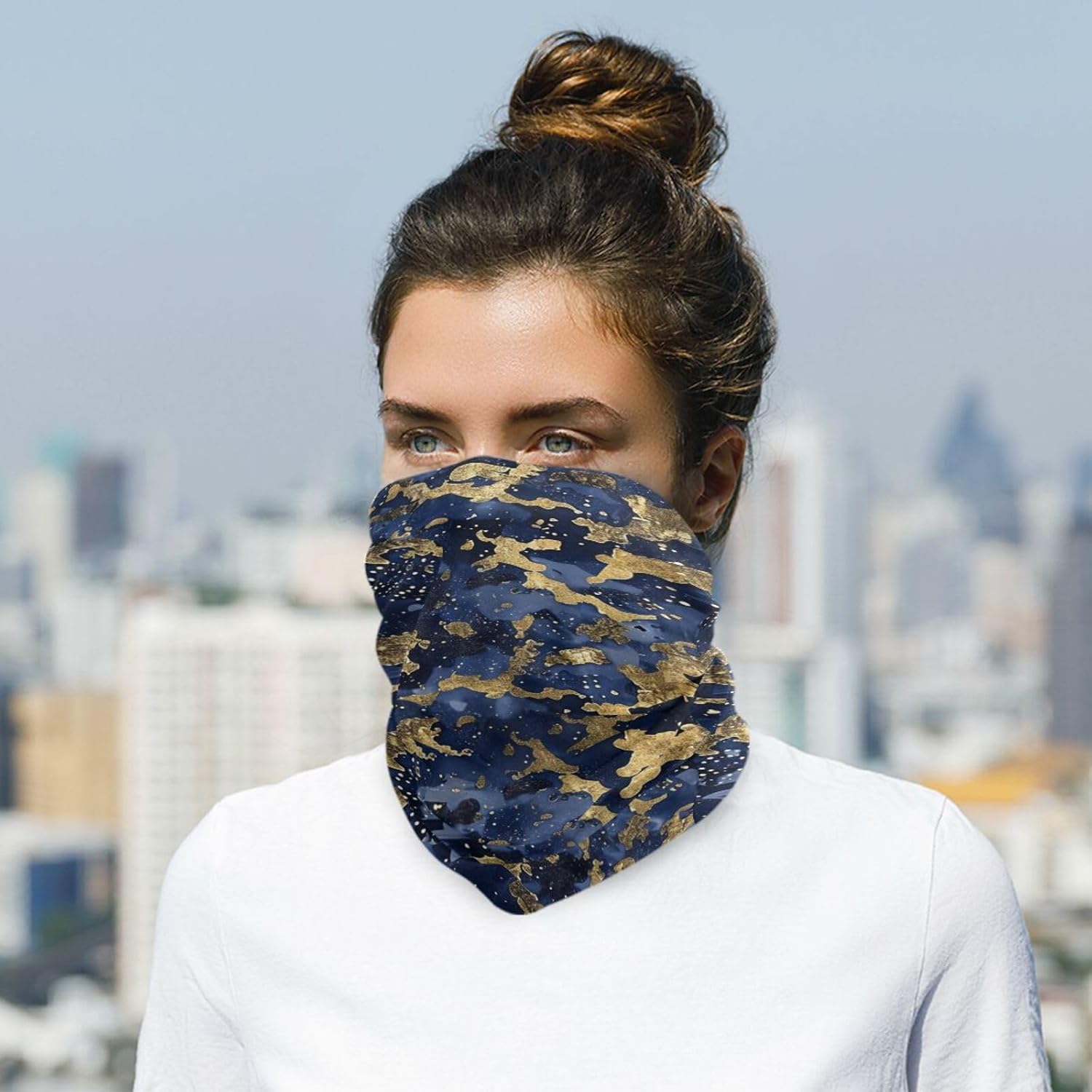 Golden Blue Pattern Hot/Cold Weather Sun protection head band cooling neck gaiter women Multipurpose head band reusable face masks for adults for Fishing halloween decor pa?uelos para la