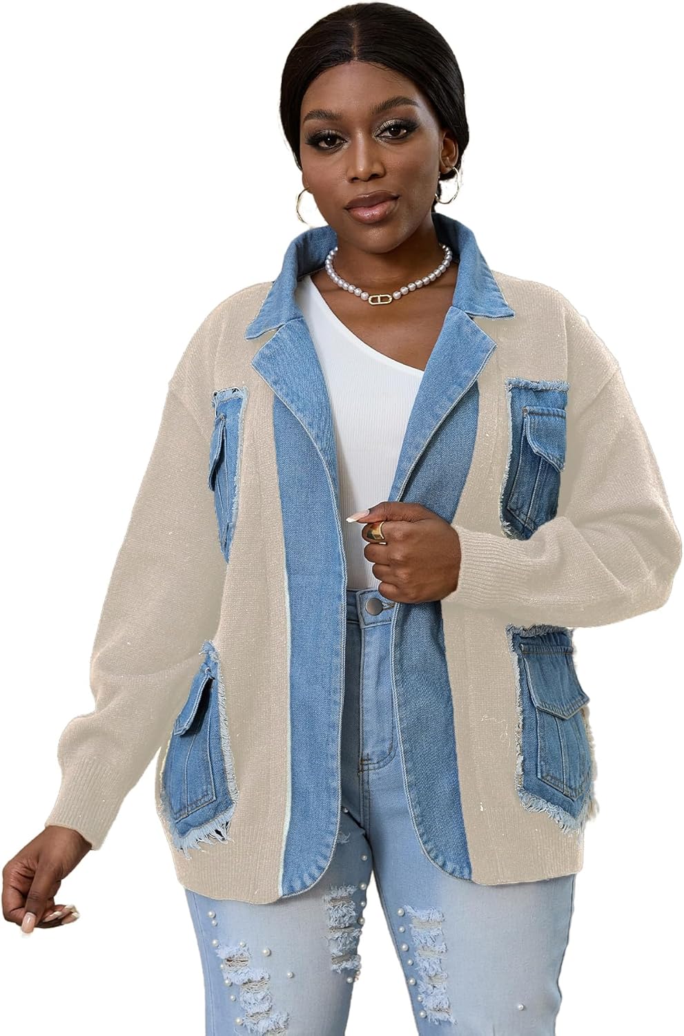 Tbahhir Women's Denim Patchwork Sweater Cardigan Open Front Chunky Knit Outwear Casual Jacket Coat with Pockets - Image 7