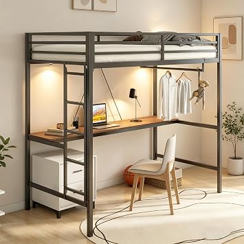 Twin Loft Bed with Desk and Storage - Heavy Duty Metal Twin Size Loft Bed | 350 LBS Capacity Adult Loft Bed with Closet, Black