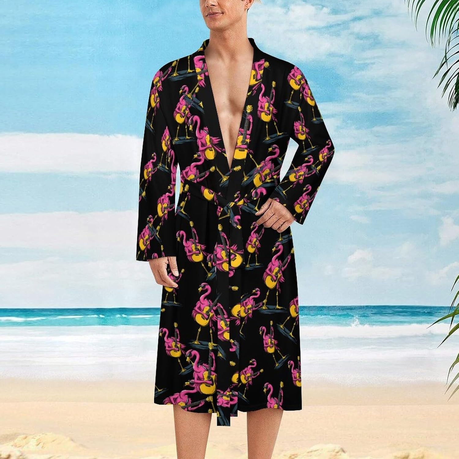 Flamingo Playing Guitar Mens Robe Long Bathrobe for Women Bath Robes Lightweight Soft Printed Sleepwear