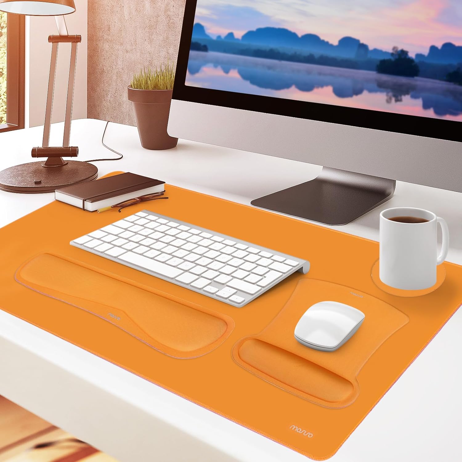MOSISO Keyboard Mouse Pad Set, Large Gaming Mousepad&Keyboard Wrist Rest&Mouse Wrist Rest&Coaster, Ergonomic Non-Slip Mousepad&Easy Typing Cushion with Memory Foam for Home Office, Orange