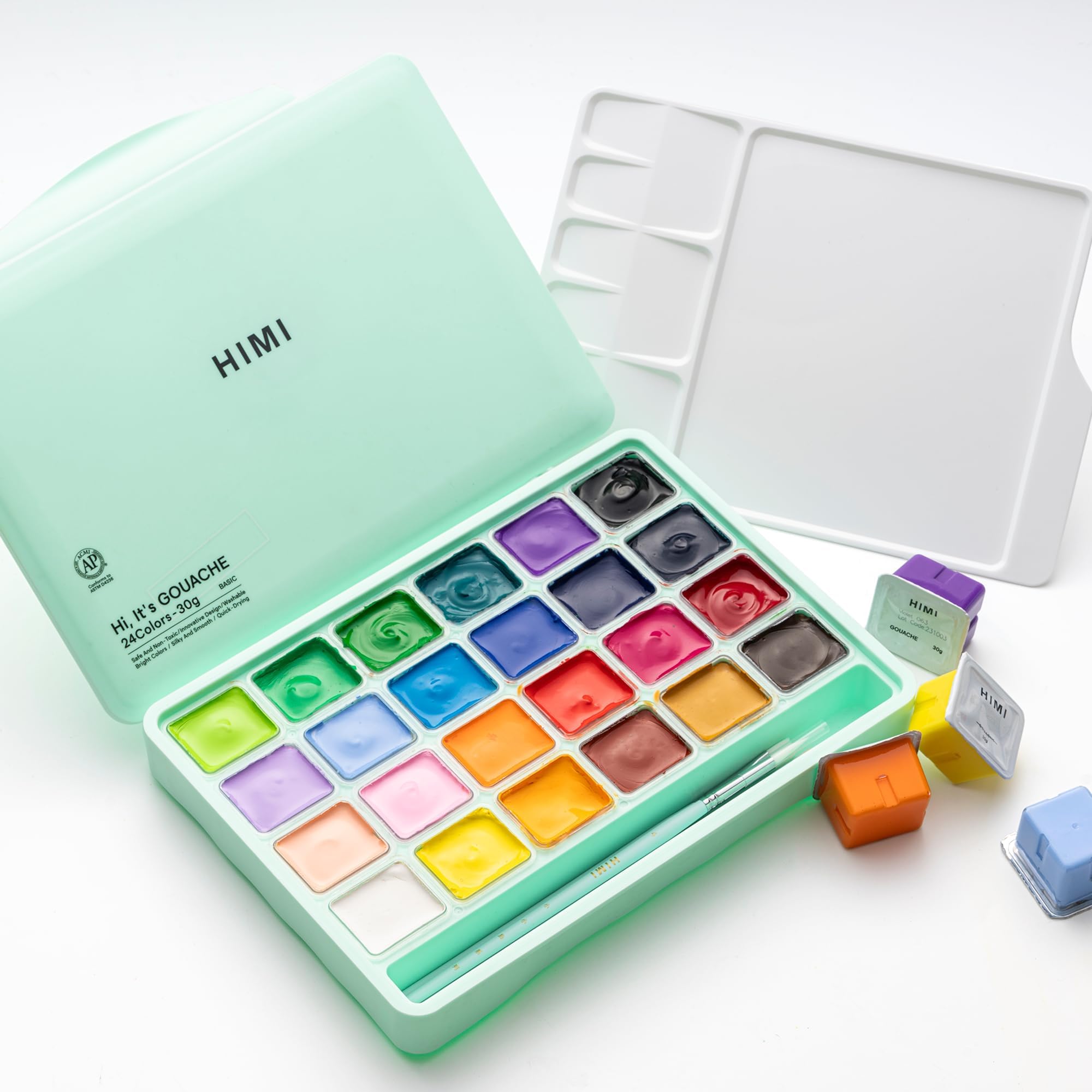 HIMI Gouache Paints set with 3 Paint Brushes, 24 Colors, 30g, Jelly Cup Design Non Toxic Paint for Canvas and Paper, Art Supplies for Professionals (Green Case)