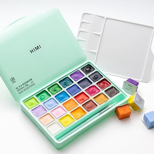 Miniatura 13 de HIMI Gouache - Juego de pinturas con 3 pinceles, 24 colores, 1.06 oz, diseño de taza de gelatina, pintura no tóxica para lienzo y papel, suministros