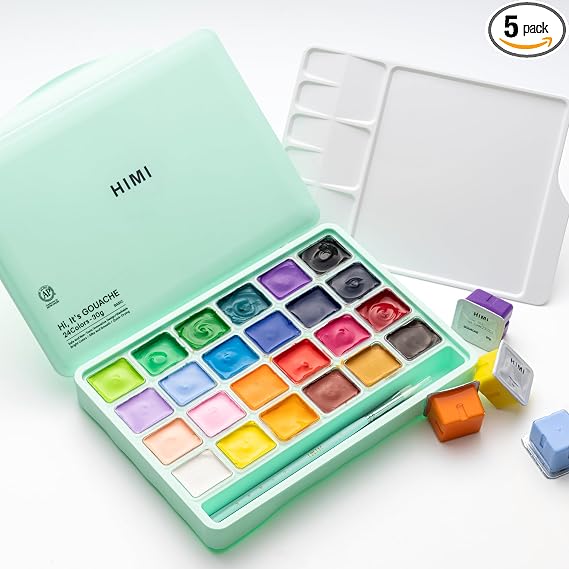 HIMI Gouache Paints set with 3 Paint Brushes, 24 Colors, 30g, Jelly Cup Design Non Toxic Paint for Canvas and Paper, Art Supplies for Professionals (Green Case)