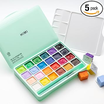 HIMI Gouache Paints set with 3 Paint Brushes, 24 Colors, 30g, Jelly Cup Design Non Toxic Paint for Canvas and Paper, Art Supplies for Professionals Green Case