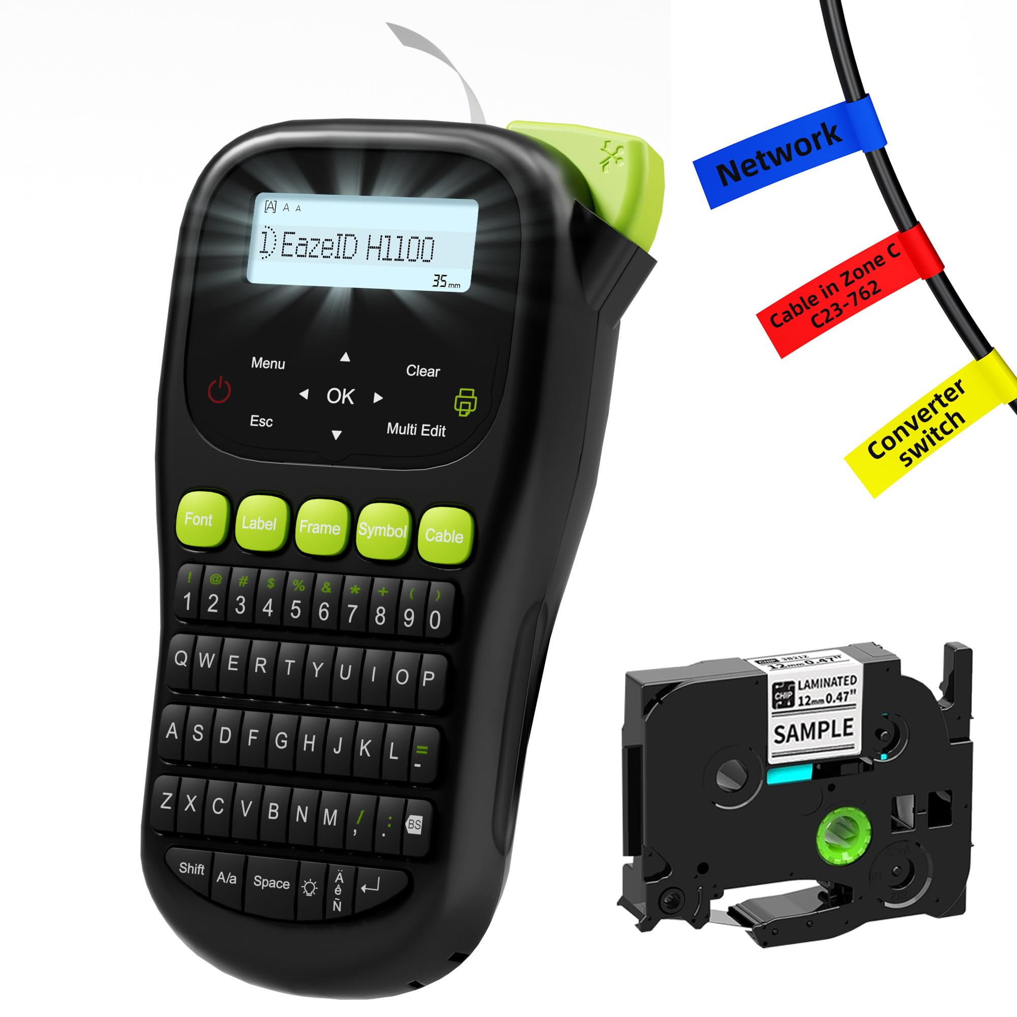 EazeID Industrial Label Maker Machine with-Tape, Portable Cable Label Maker with Keyboard, Handheld Wire Labeler with Backlight Screen for Home Office Use, H1100 Black