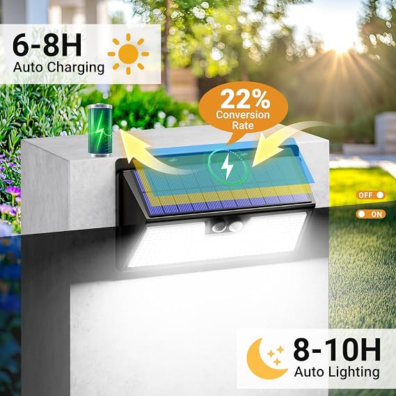 vighep Solar Security Lights Outdoor Motion Sensor, 318LED Super Bright Led Solar Powered Light with 3 Lighting Modes, IP65 Waterproof Wireless Pir Wall Lights for Outside Garden Fence Yard Path [Energy Class E]