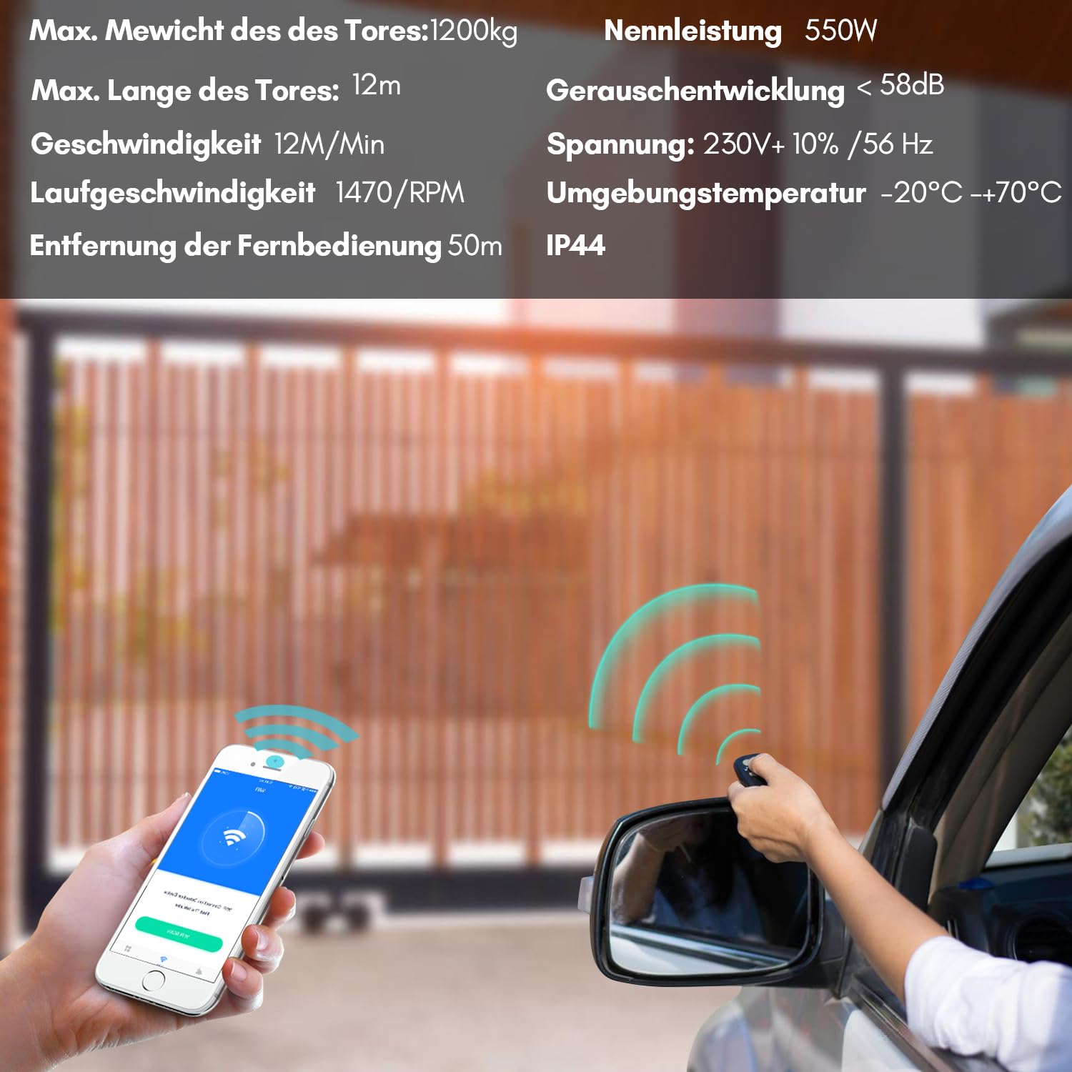 Ikodm Operador de Apertura de Puerta 1200 kg 550W Smart WiFi Motor Puerta Corredera con 4M Cremallera, 2 Control Remoto y la función de cierre automático para Puerta de Jardín, Garaje