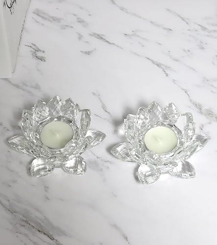 Miniatura 5 de Juego de 2 portavelas de cristal con diseño de flor de loto, portavelas de cristal transparente, portavelas votivas de pilar para centro de mesa,