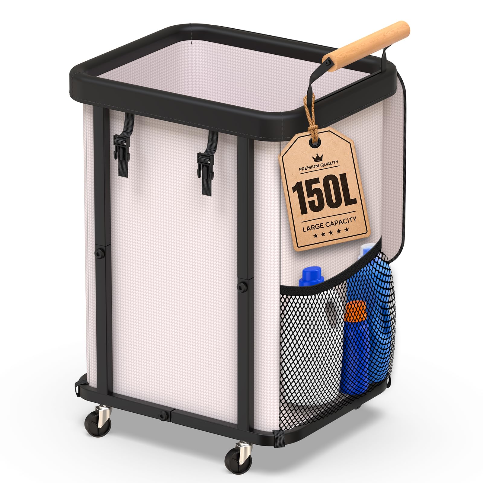 150L Laundry Basket with Wheels,Rolling Basket Hamper with Lid&Handle White