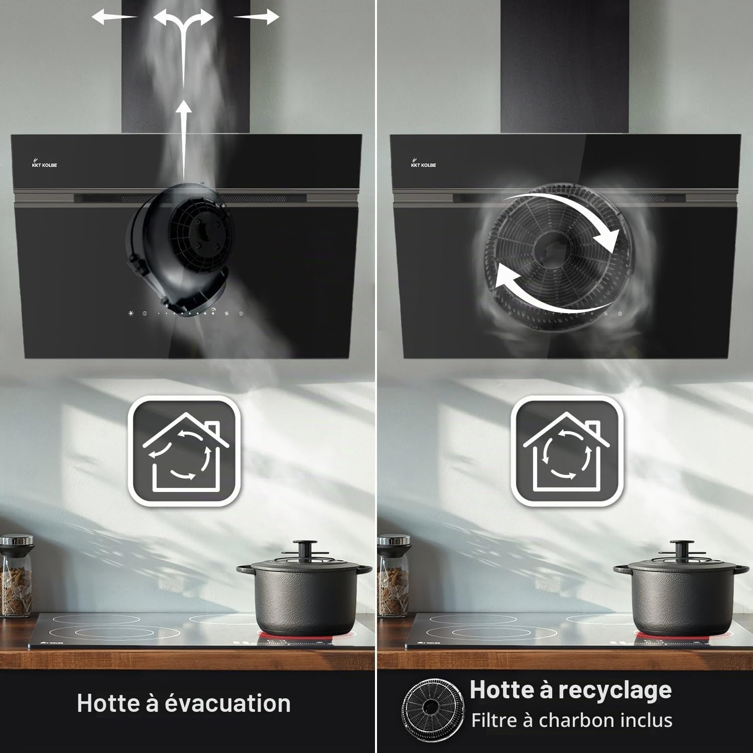 KKT KOLBE AURORA9005FB Hotte aspirante 90 cm 782 m³/h à recirculation d'air évacuée Hotte murale sans tête | Noir | Verre | Fonction de suivi automatique | Application Smart WiFi | SensorTouch |