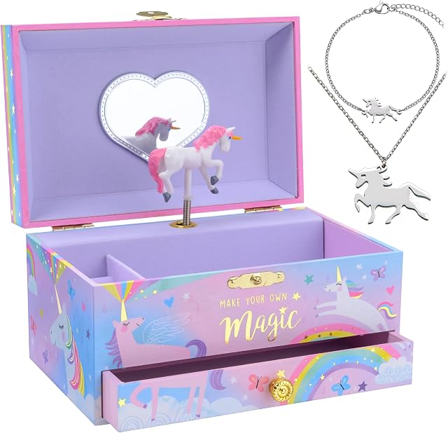 Jewelkeeper Unicorn Music Box & Little Girls Jewellery Set - 3 Unicorn Gifts for Girls