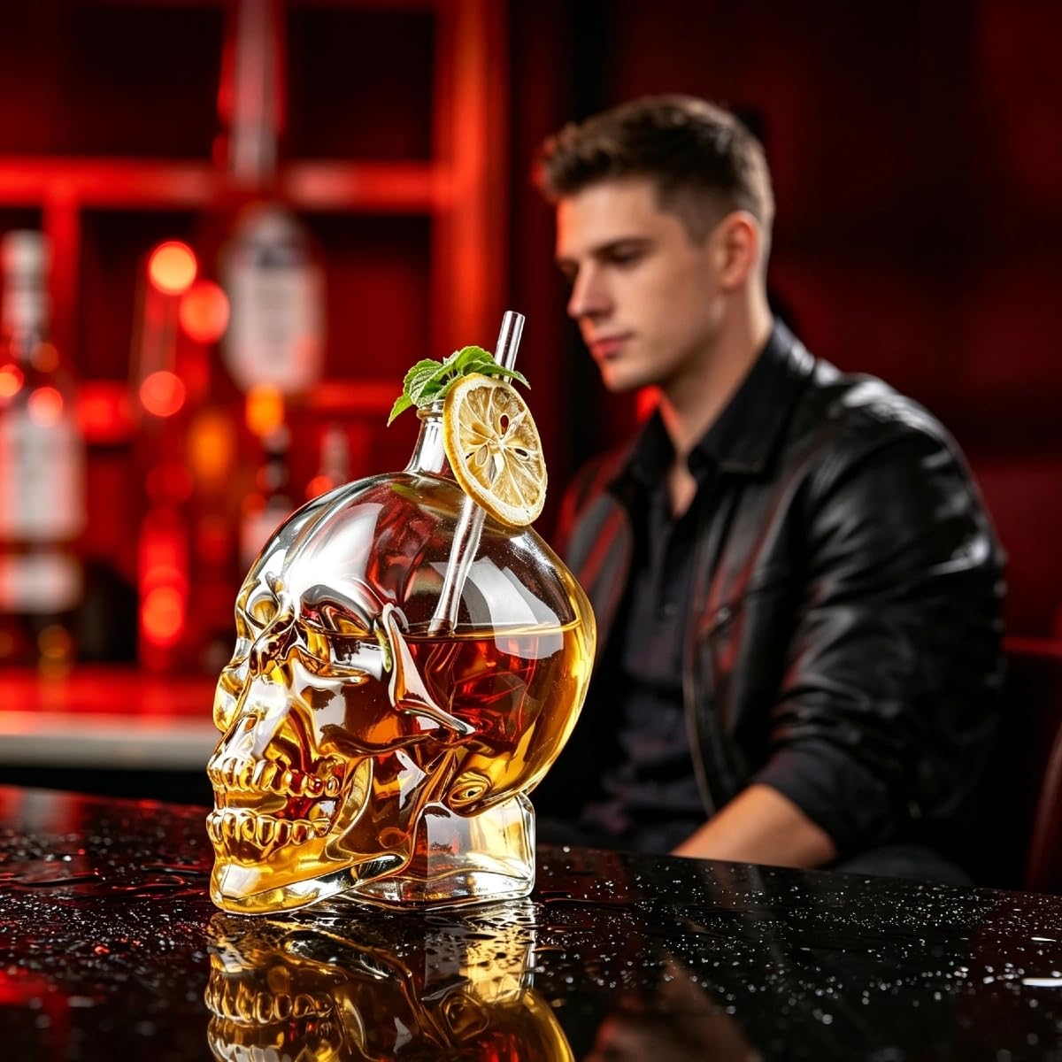 Szklana butelka na alkohol z trupią czaszką, z zamknięciem korkowym, 3 rozmiary 240/450/800 ml, przezroczysta butelka dekantująca do whisky, rumu, likieru i koktajli, prezent do baru domowego