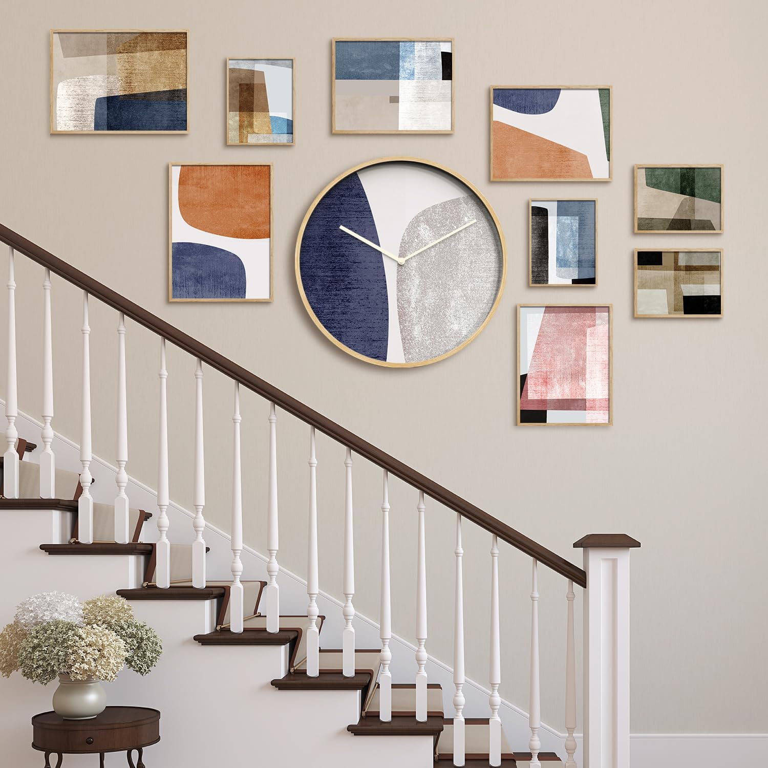 SIGNLEADER Framed Wall Art Prints & Round Wooden Large Wall Clock Set Mid-Century Colorful Abstract Shapesf Illustrations Modern Home Decorative for Living Room Kitchen Bedroom Office - 75"x24"