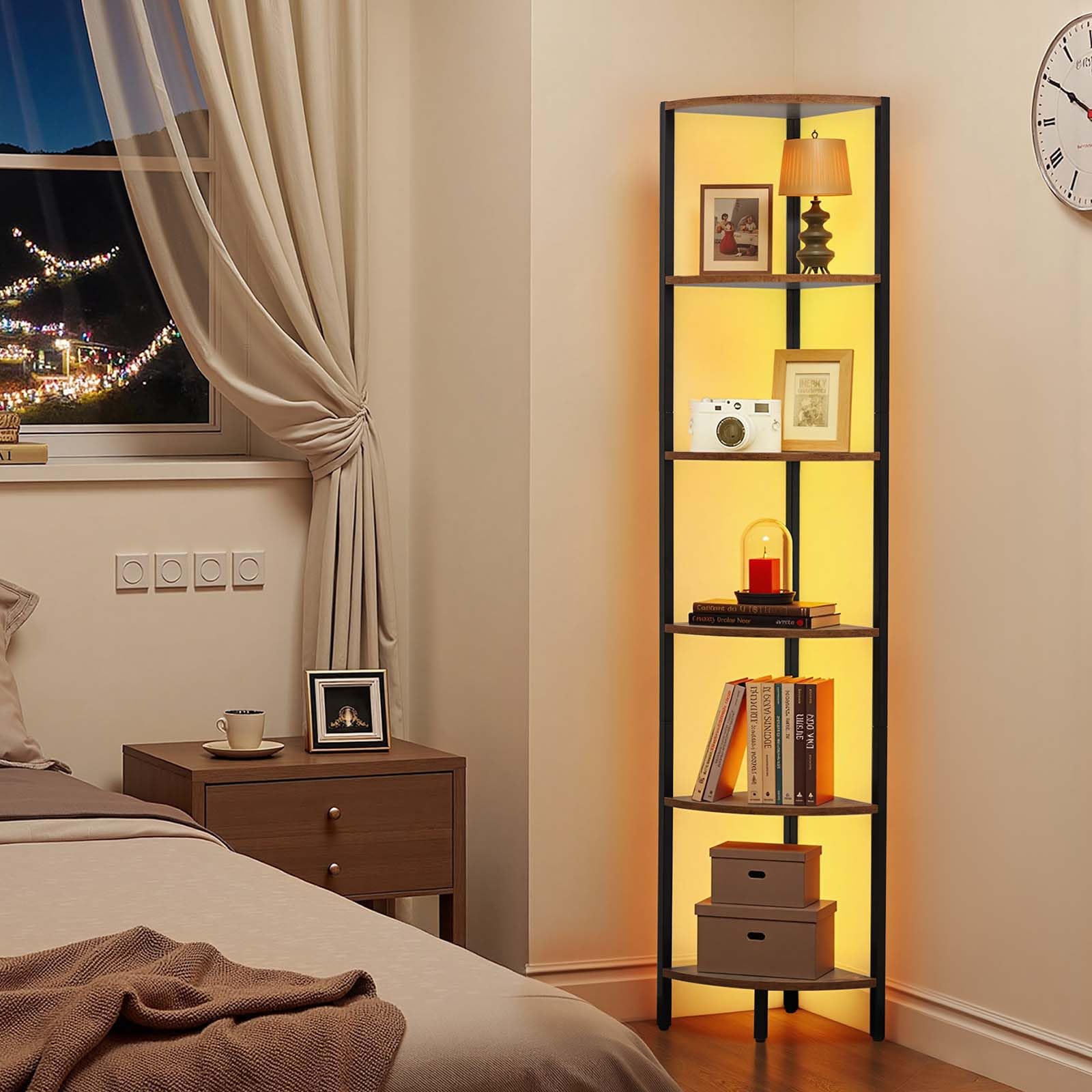 VEVOR Eckregal mit 6 Ebenen, hoher Eckständer mit LED-Licht, Displayregal Lagerregal mit Metallrahmen & Holzregalen, Standregal Ausstellungsbücherregal für Schlafzimmer Wohnzimmer Büro Braun