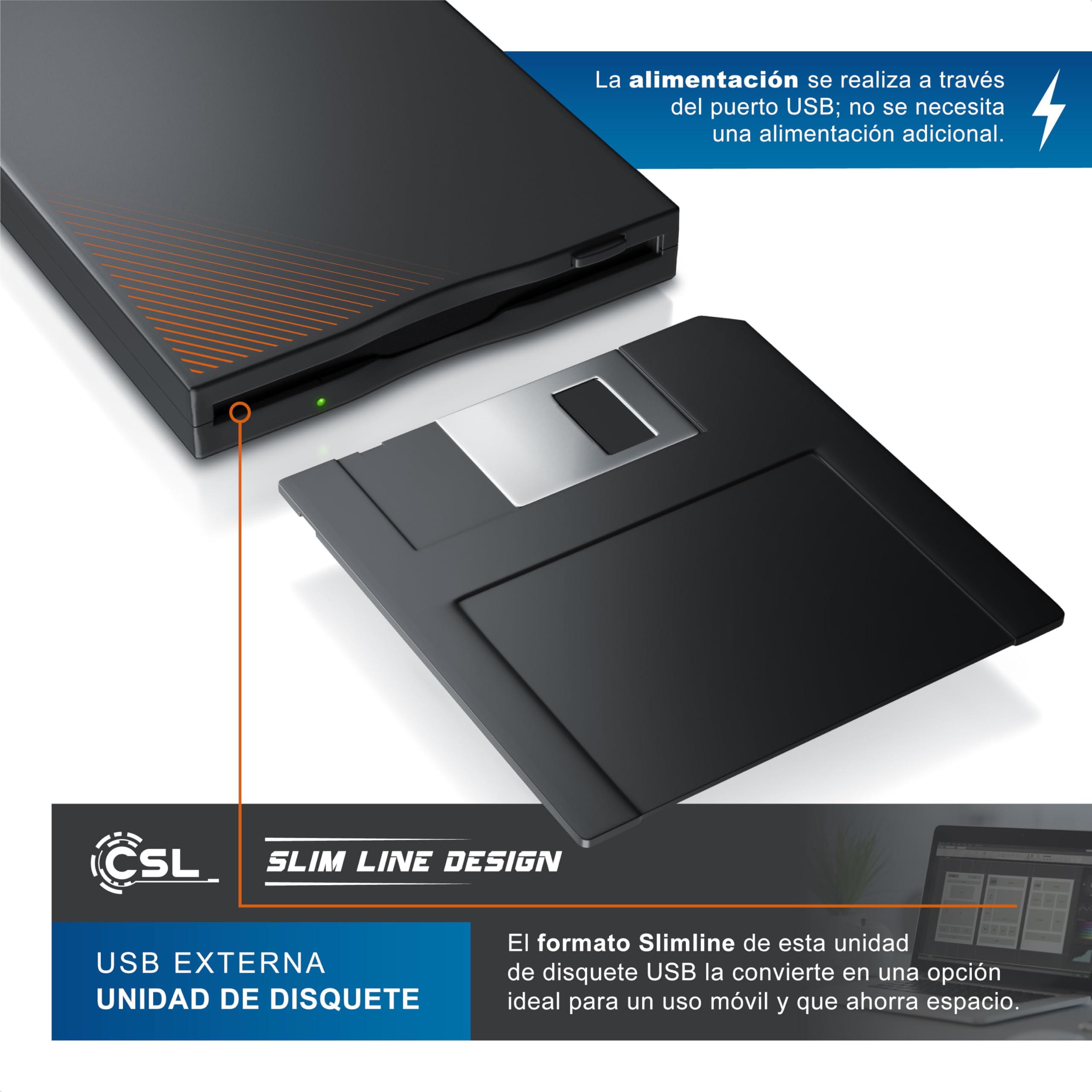CSL - Disquetera Externa USB A y USB C - Unidad FDD 3,5 Pulgadas 1,44 MB - Lector de Disquetes Slim Portátil - Plug & Play - Compatible con PC/Portátil/Windows 11 y 10 – Negro