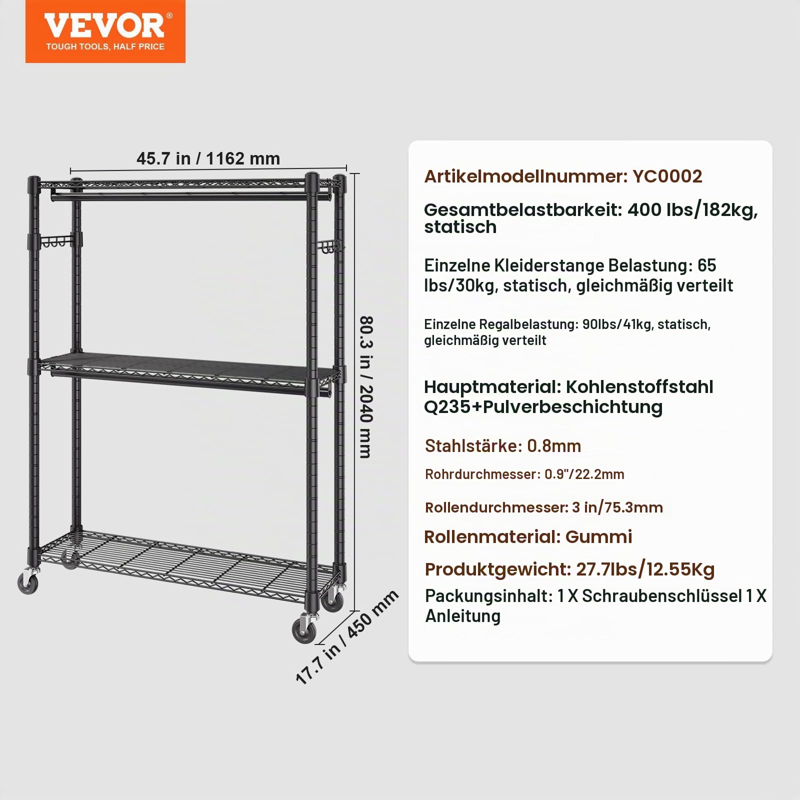 VEVOR 3-lagiger Rollbarer Kleiderständer Garderobenständer Kleiderstangen, 204 cm Höhe Stahl Kleiderständer 182 kg Belastbar, Strapazierfähig Ständer für Schlafzimmer, Wäscheraum, Ankleidezimmer usw.